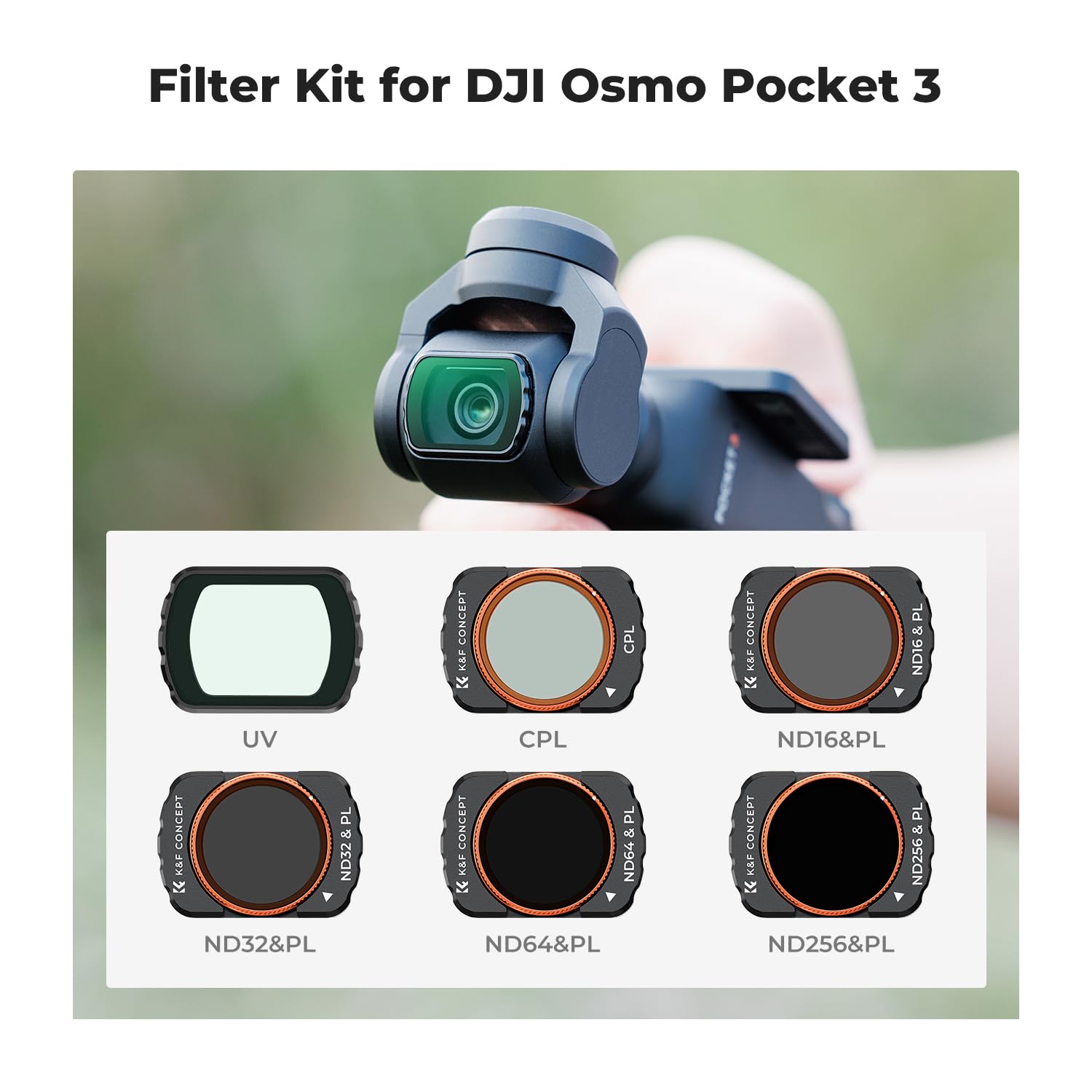 K&F Concept Uv/Cpl/Nd Filter Set Compatible With Dji Osmo Pocket 3, 6 Pack Magnetic Uv+Cpl+Nd16/Pl+Nd32/Pl+Nd64/Pl+Nd256/Pl Prot