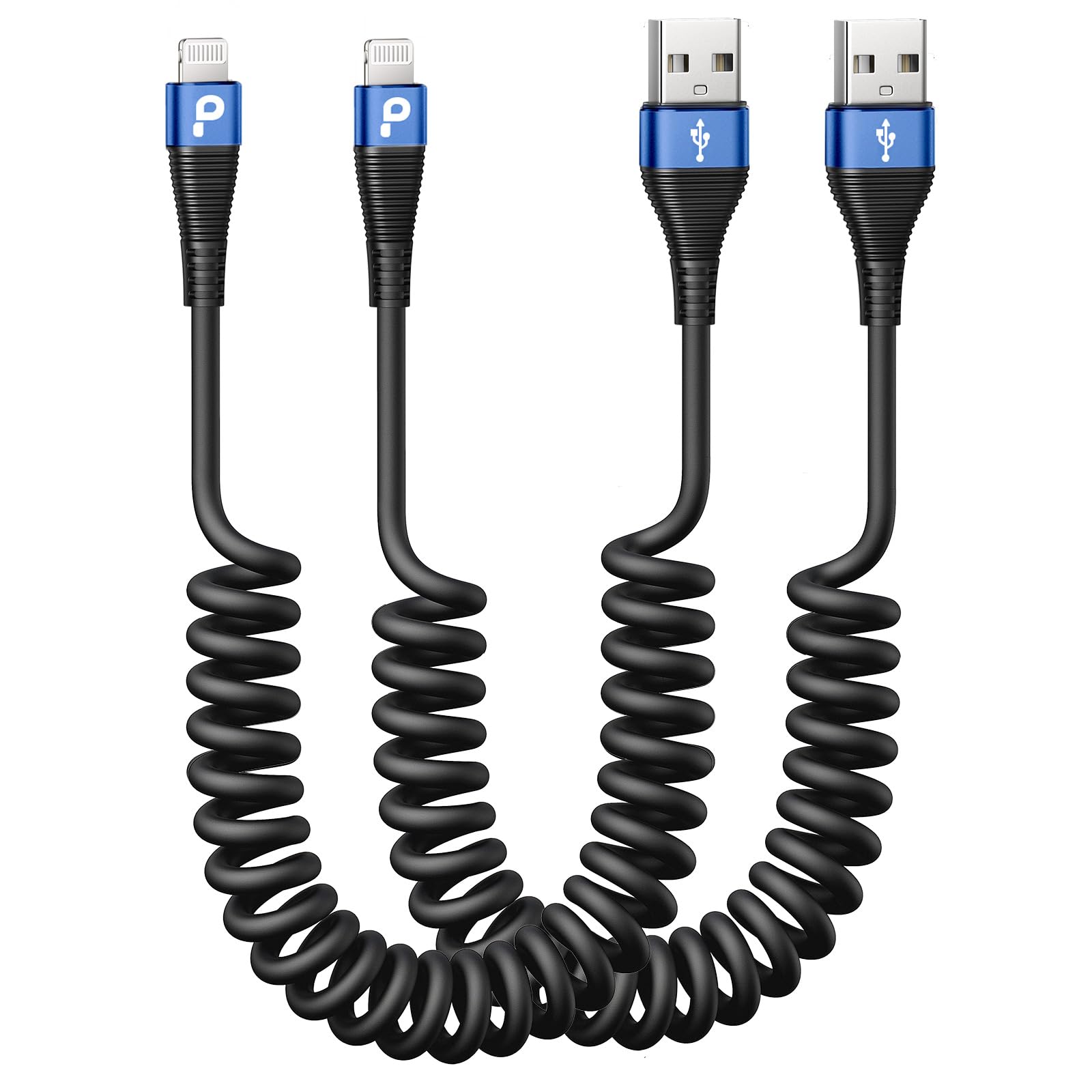 Iphone Charger Cable For Car 3Ft, 2Pack Coiled Lightning Cable, [Apple Mfi Certified] Retractable Charging Cord Compatible With 
