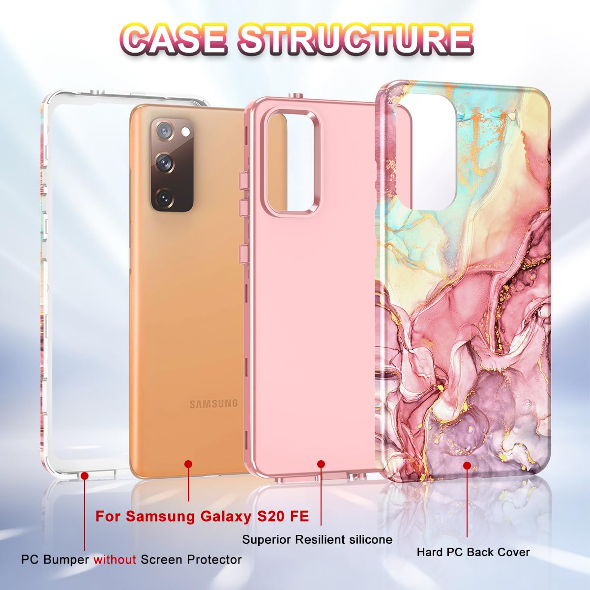 Btscase For Galaxy S20 Fe 5G Case, Marble Pattern 3 In 1 Heavy Duty Shockproof Full Body Rugged Hard Pc+Soft Silicone Drop Prote
