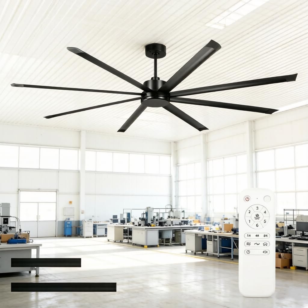 Parrot Uncle 120 Inch Large Ceiling Fan with Remote, Black Industrial DC Motor Fan No Light, 8 Aluminum Blades, 6 Speed Quiet Re