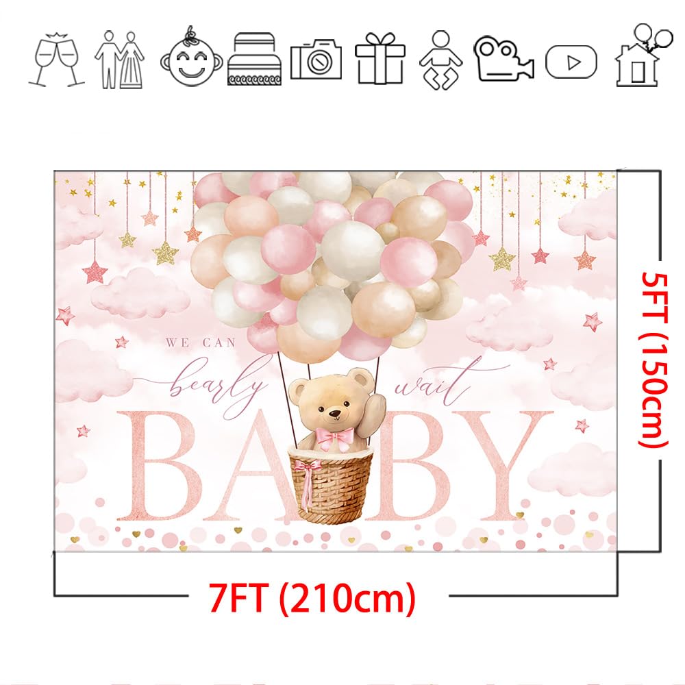Mocsicka We Can Bearly Wait Backdrop Pink Hot Balloon Bearly Wait Baby Shower Party Decorations Backgrpund Pink Cloud Bear Girl
