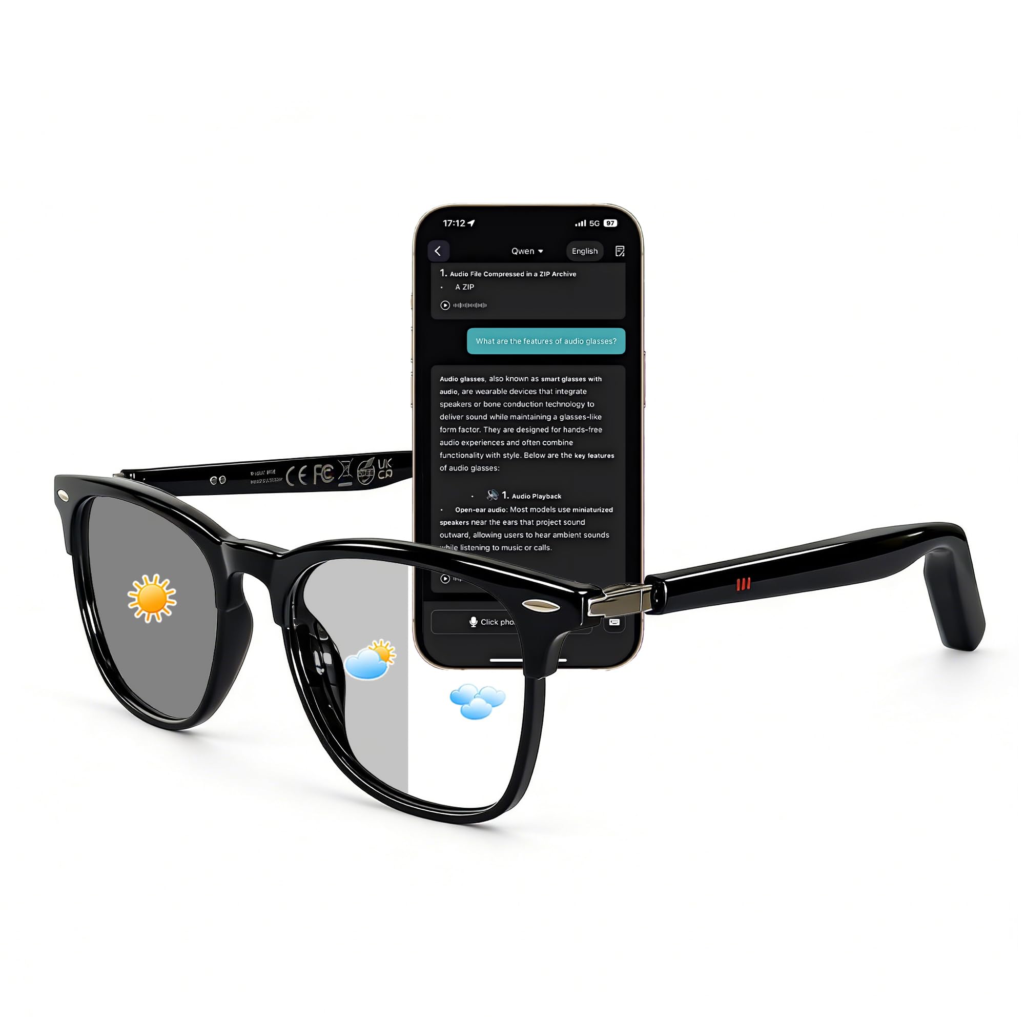 MNVOEQ AI Smart Glasses, 164 Language Translation Glasses, Bluetooth Glasses with Speakers for Music and Calls, Photochromic Len