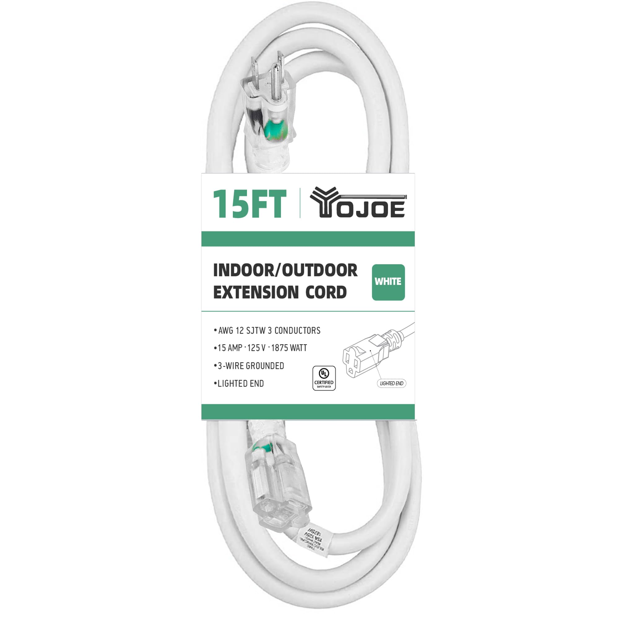 Yojoe Indoor Outdoor Extension Cord With Lighted End, 3 Prong 15A Weatherproof Power Extension Cord, 12 Gauge Heavy Duty 15 Ft W