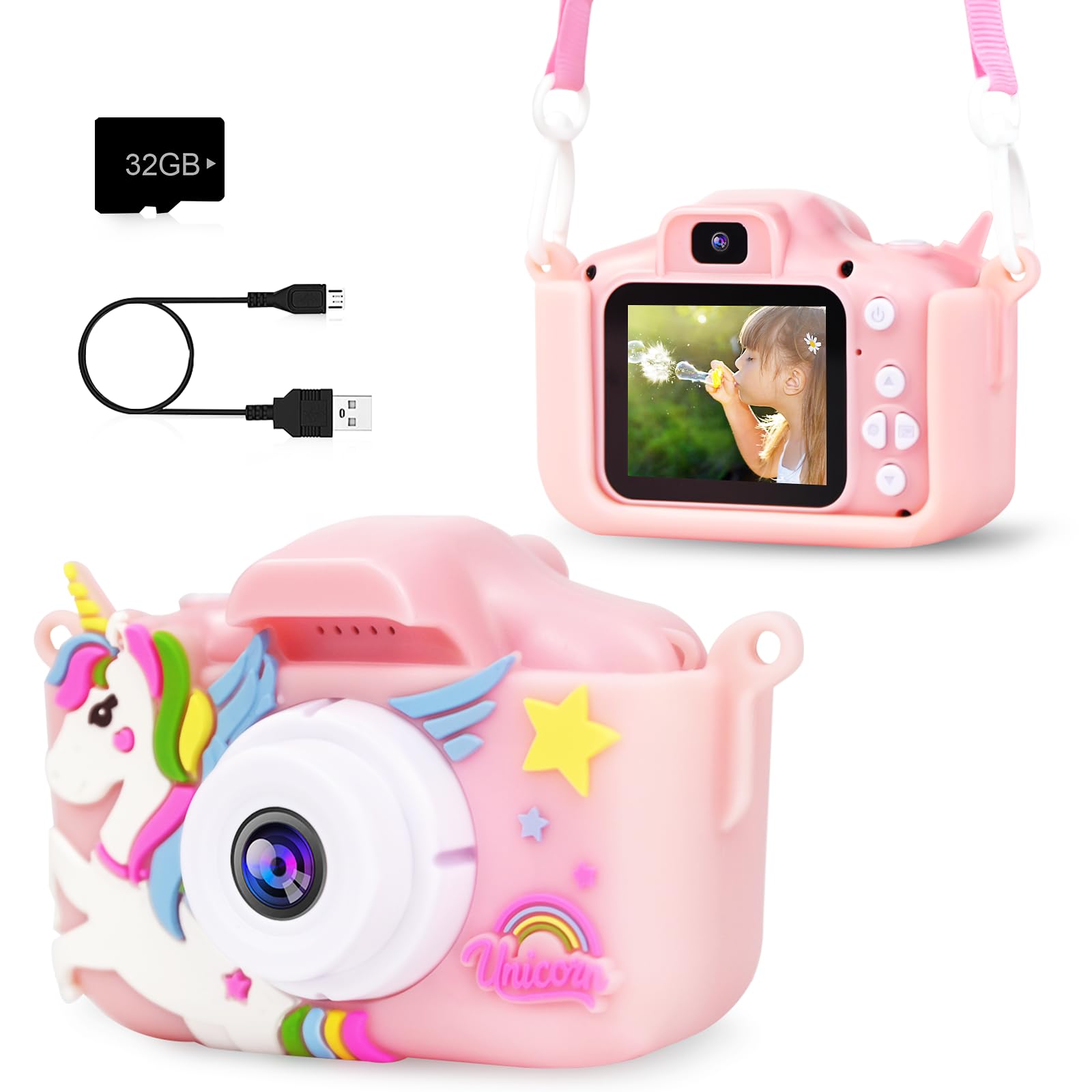 Prograce Kids Camera For Girls   Toddler Dual Camera Toys Portable Hd Kids Camera Birthday Christmas New Year Unicorn Gifts For Girls Age 3 4 5 6 7 8 32G Sd Card,Pink