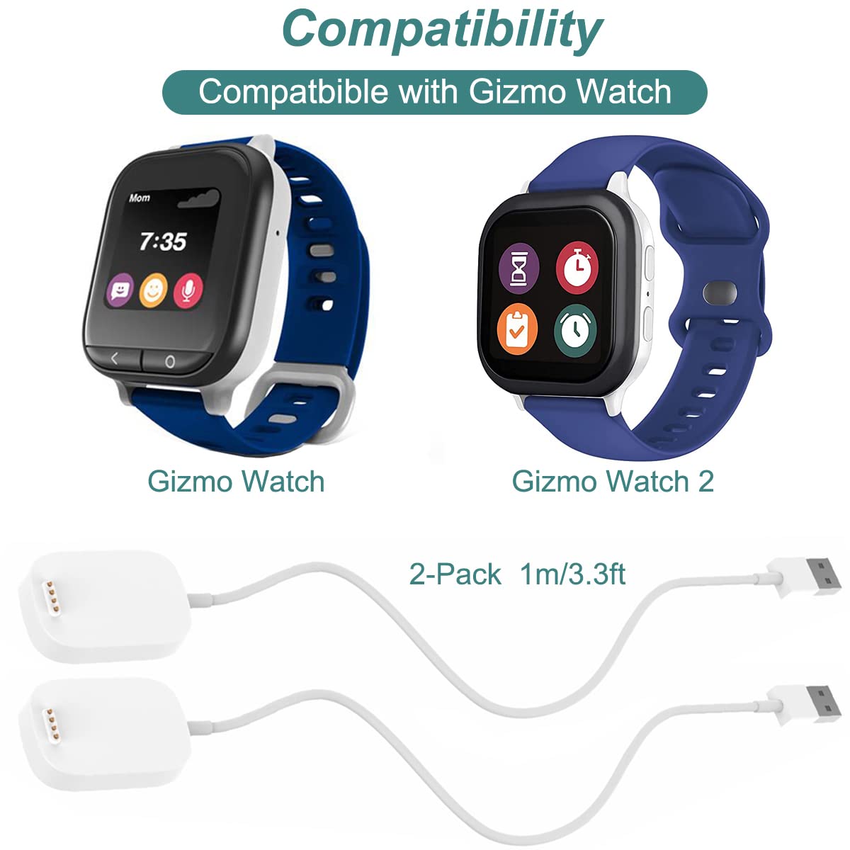 Charger For Gizmo Watch 3 2 1, Replacement Charging Cable Cord For Gizmo Watch Kids Smartwatch (2Pack, 1M/3.3Ft)