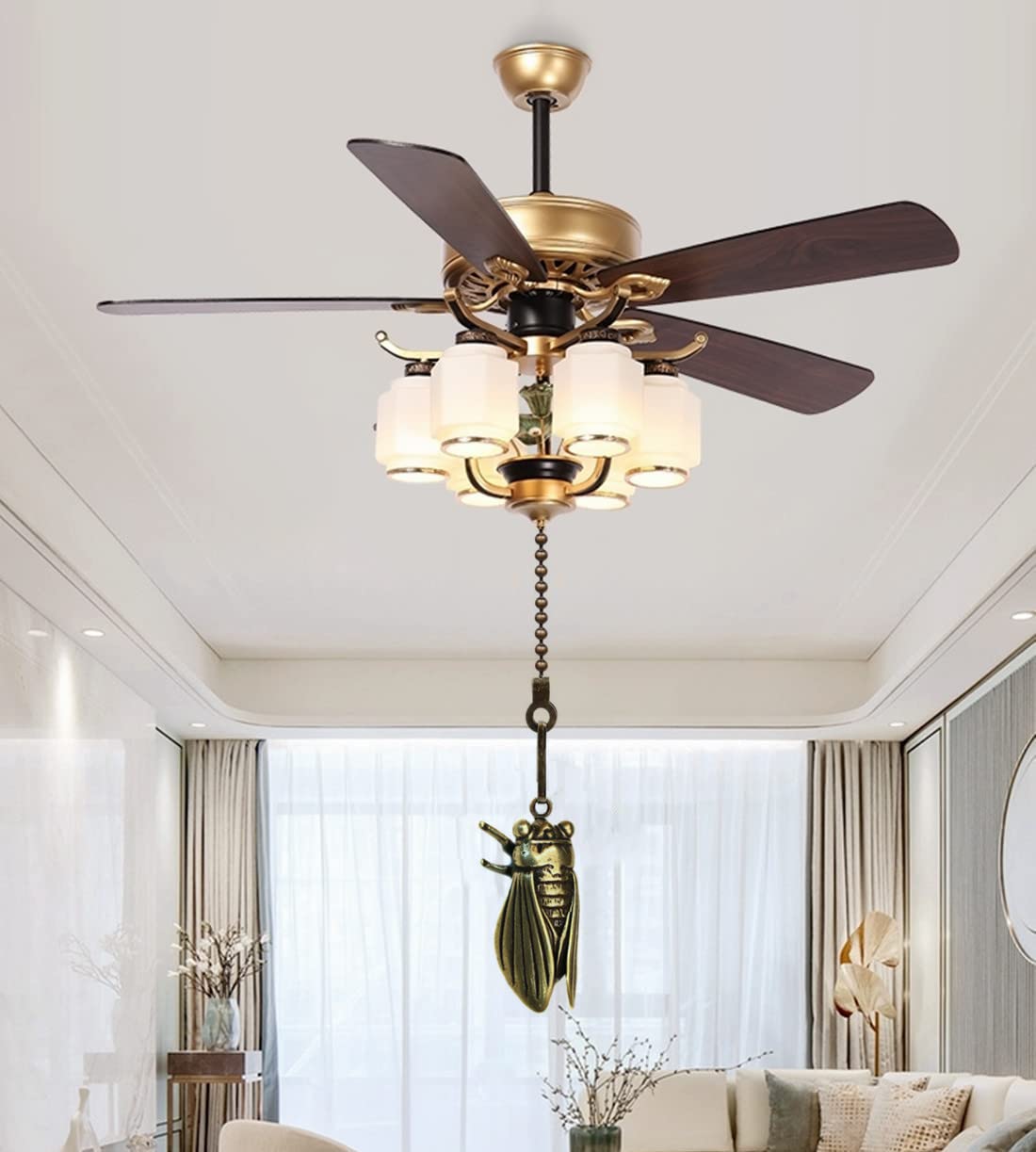 Ceiling Fan Pull Chain Set, 12 Inches Vintage Solid Cicadas Charm Pendant Pull Chain Extender With Connector, 4Pcs