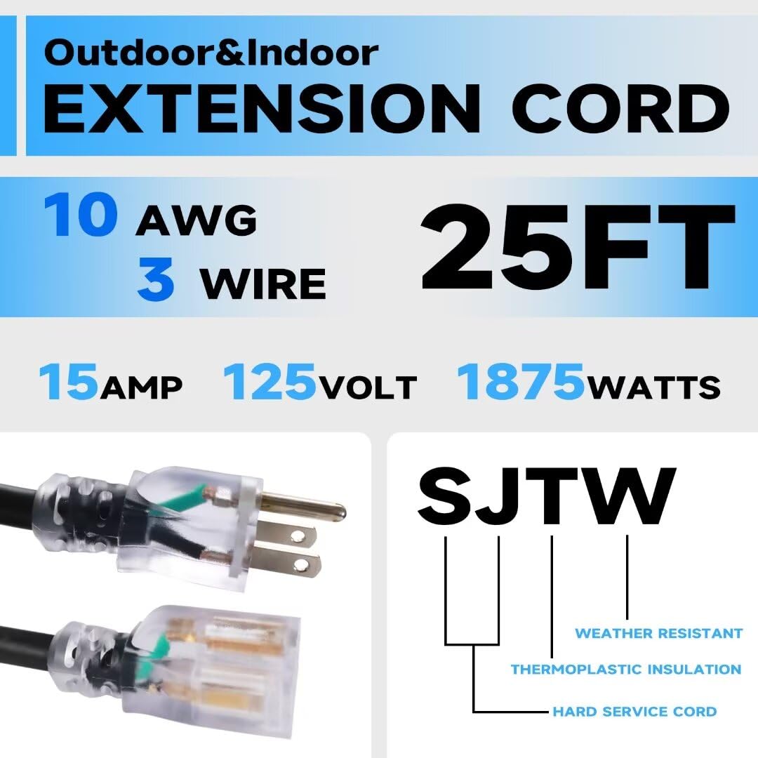 Greatide 25 Ft Lighted Outdoor Extension Cord   10/3 Sjtw Heavy Duty Black Extension Cable With 3 Prong Grounded Plug For Safety