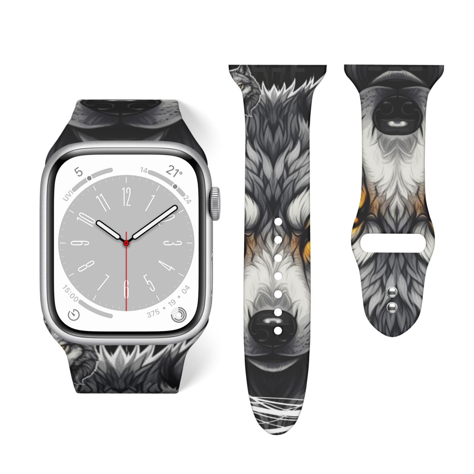 Waterproof Bands Compatible with Apple Watch Black And White Fierce Wolf, Silicone Bands for Women and Men
