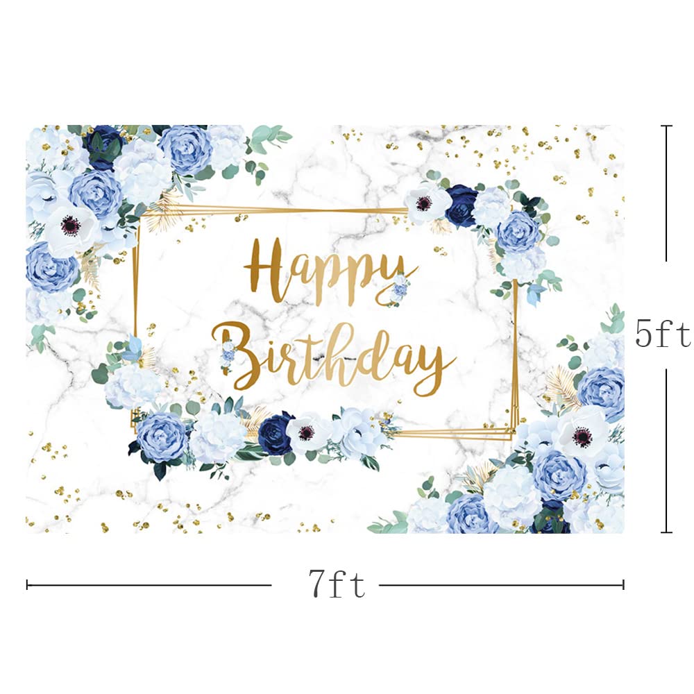 Mehofond 7X5Ft Happy Birthday Backdrop Blue And White Flowers Bday Photography Background Girls Geometric Gold Glitter Dots Birt