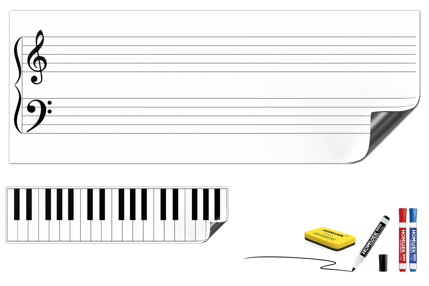 HOMiDEK Large Magnetic Backing Dry Erase Music Staff Whiteboard Sheet, 47  x 17.5  Grand Staff Magnet with 23.5  x 6  Piano Keyb