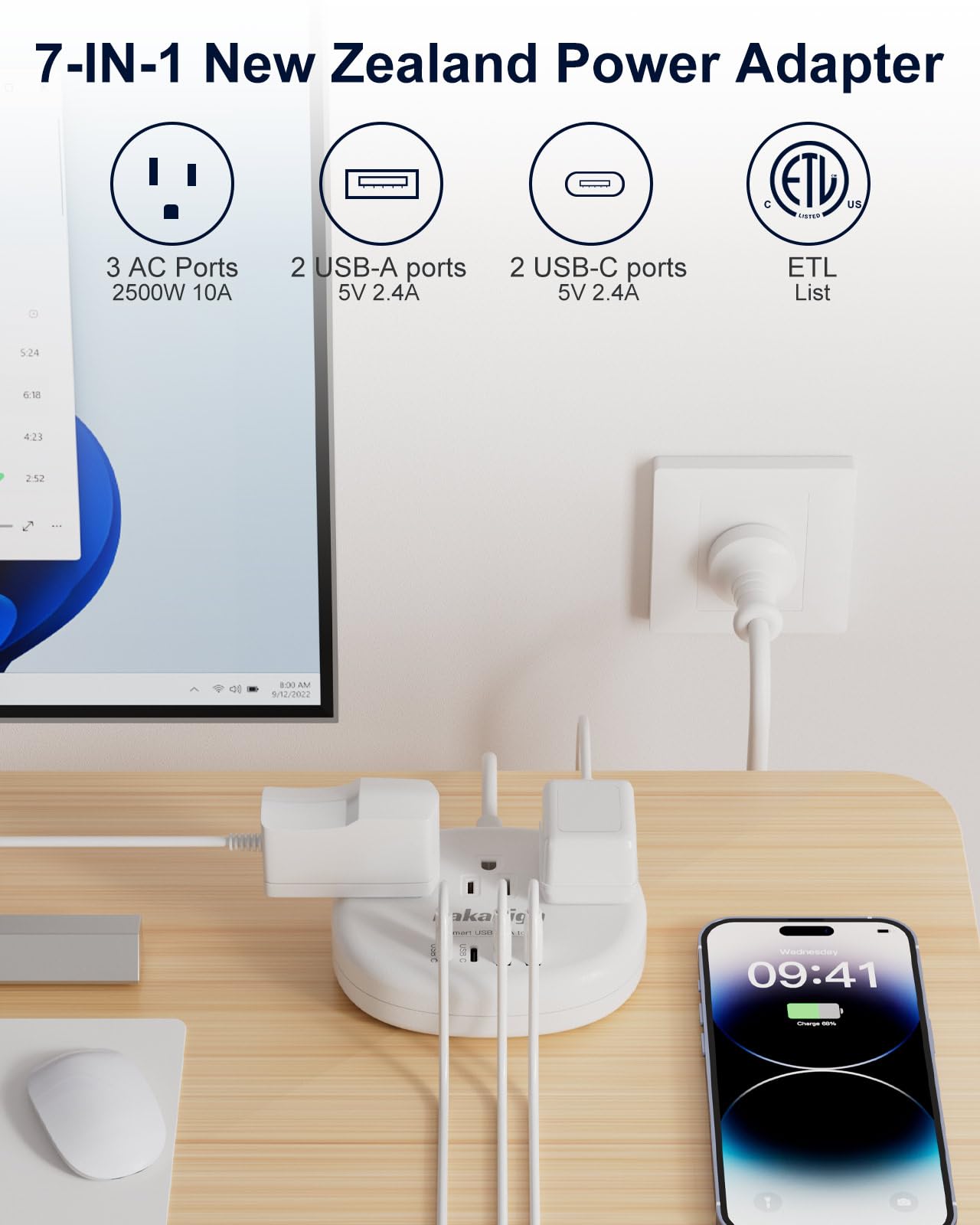 Australia Power Plug Adapter, New Zealand Power Adapter With 3 American Outlets 4 Usb Ports (2 Usb C) Total 24W, Type I Plug Ada