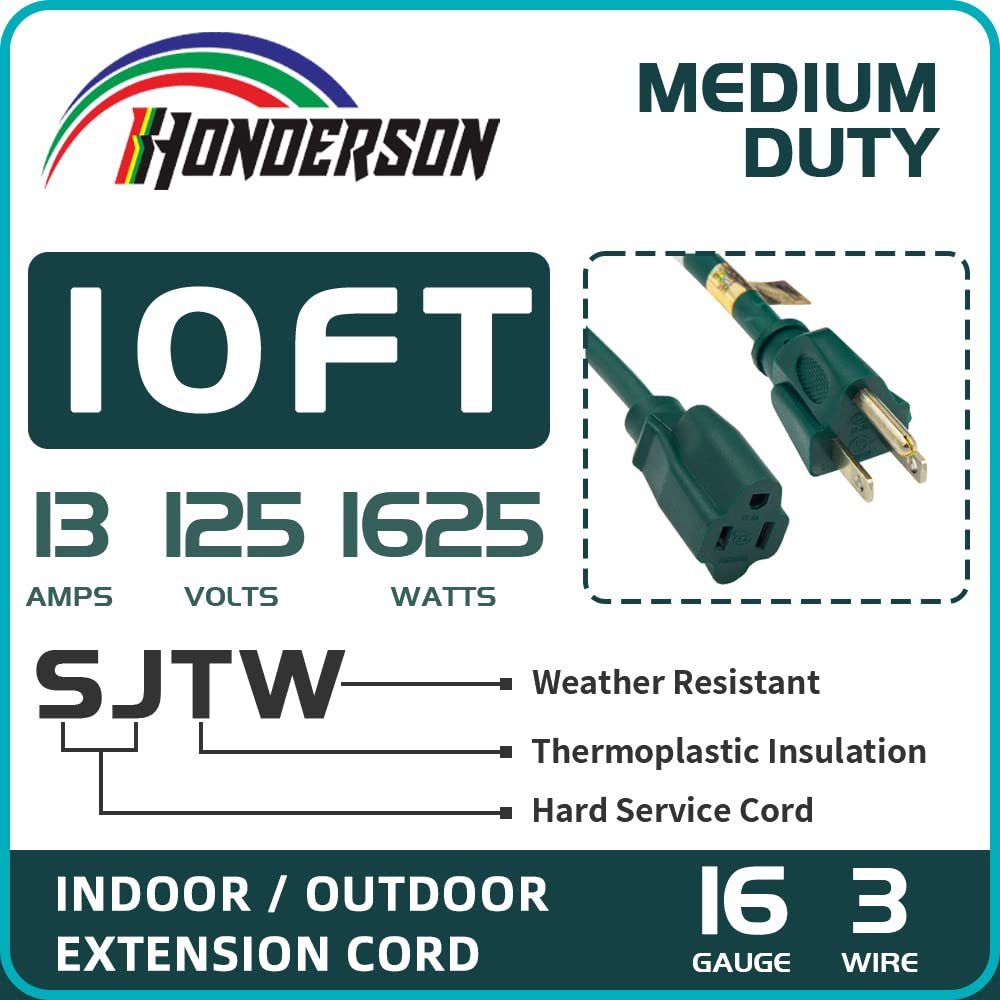 Honderson 10Ft Outdoor Extension Cord 16/3 Sjtw Durable Green Extension Cord For Christmas Lights With 3 Prong Grounded Plug For