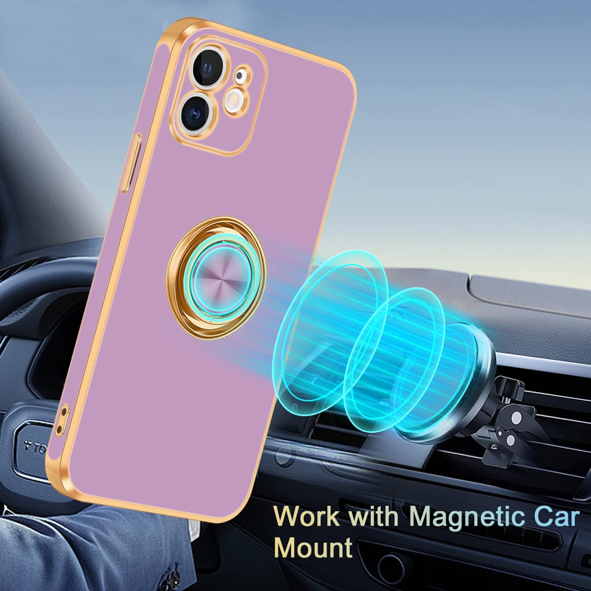 Fingic For Iphone 12 Case,Iphone 12 Case With 360 Ring Holder Slim Kickstand Magnetic Support Car Mount For Women Men Non-Slip S