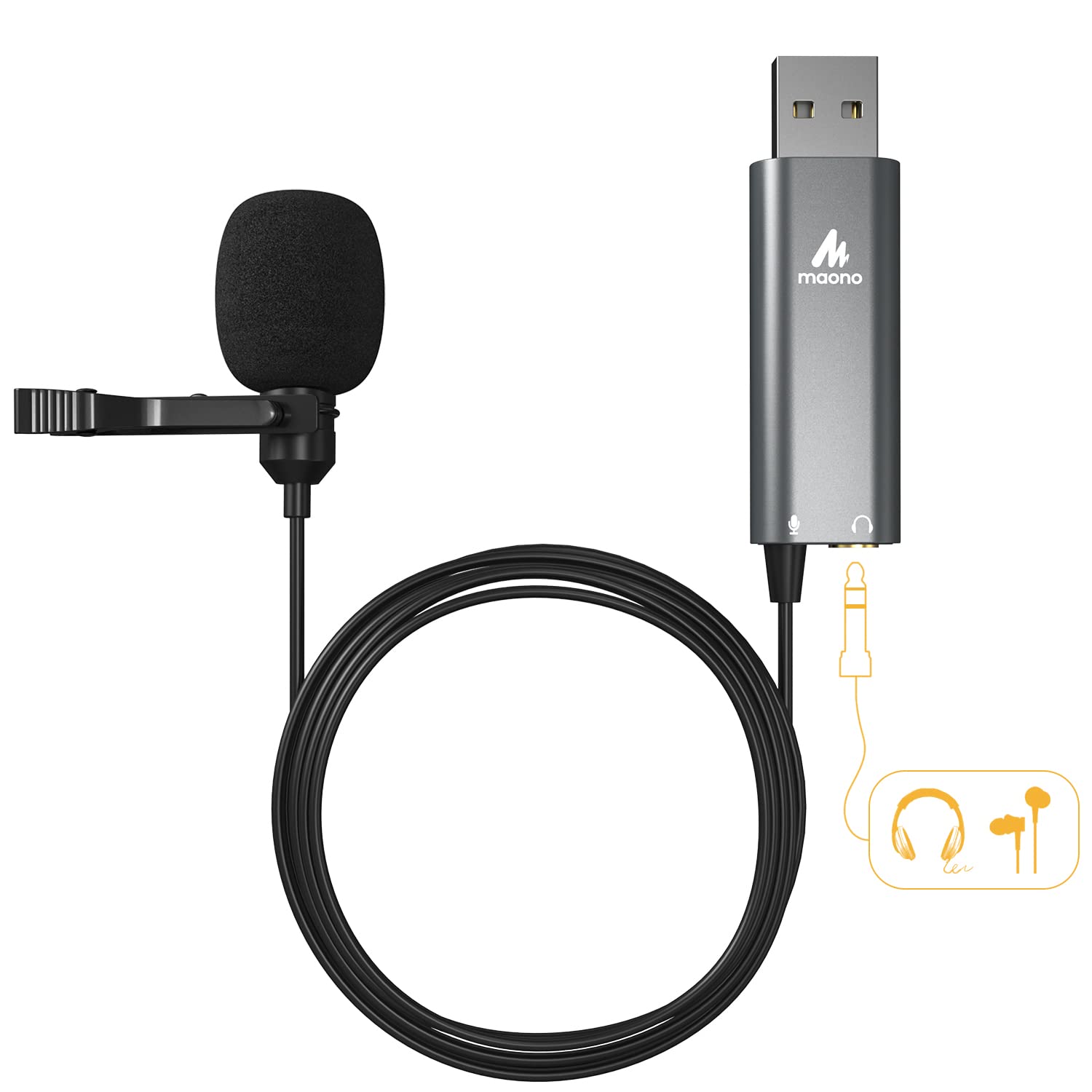 Maono Usb Lavalier Microphone With Headphones Jack, Omnidirectional Computer Lapel Clip Mic For Recording, Gaming, Streaming, Po