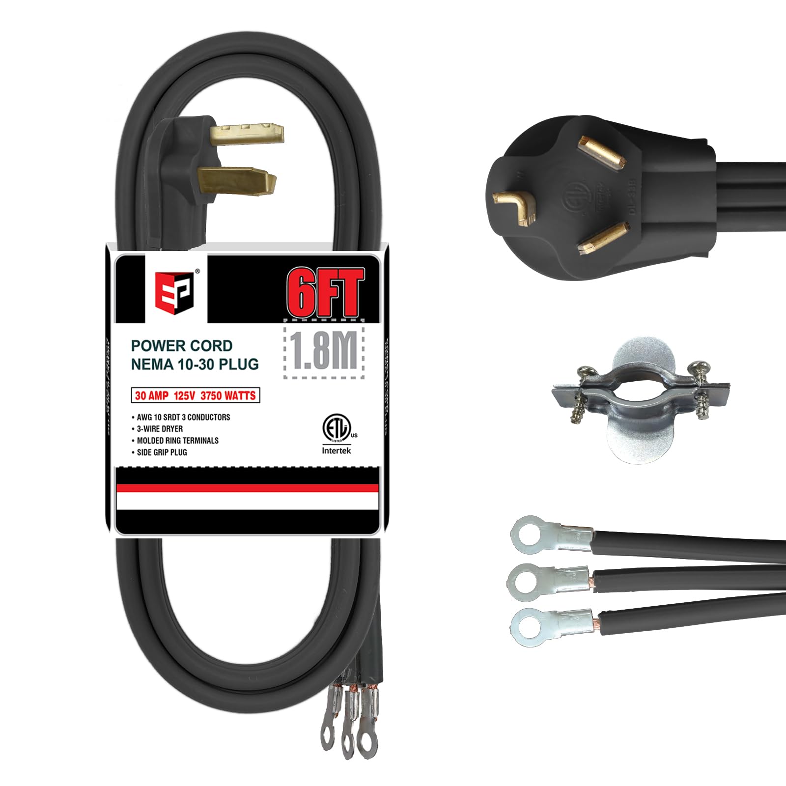 Ep 3 Prong Dryer Cord, 6 Ft 10/3 Srdt, 30Amp Appliance Extension Power Cord, Nema 14 30, Black