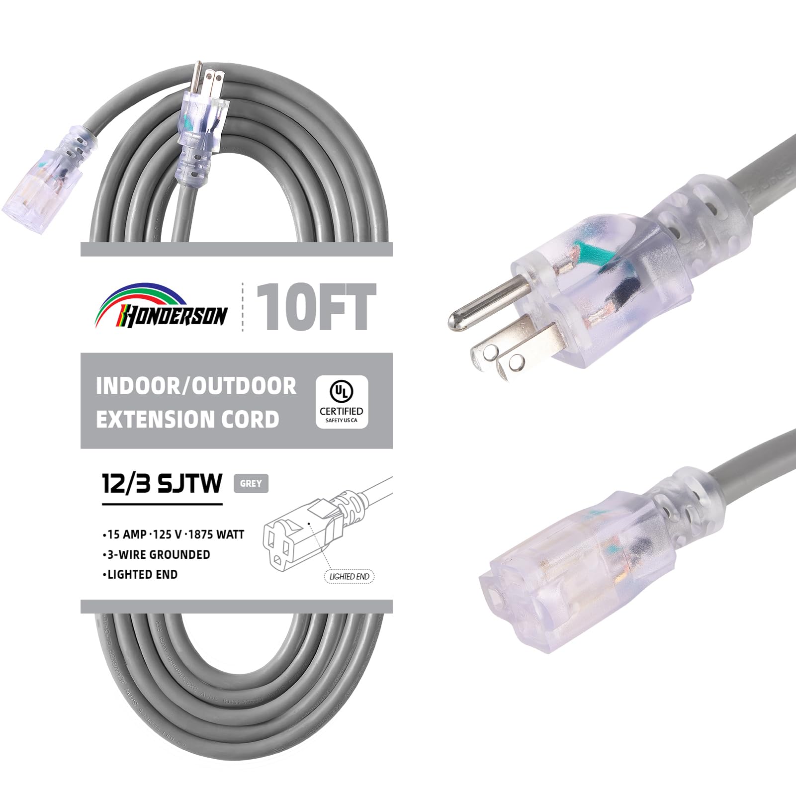 Honderson Indoor Outdoor Extension Cord Weatherproof With Lighted End, Ul Listed, 12 Gauge 10Ft Grey 3 Prong Heavy Duty Extensio