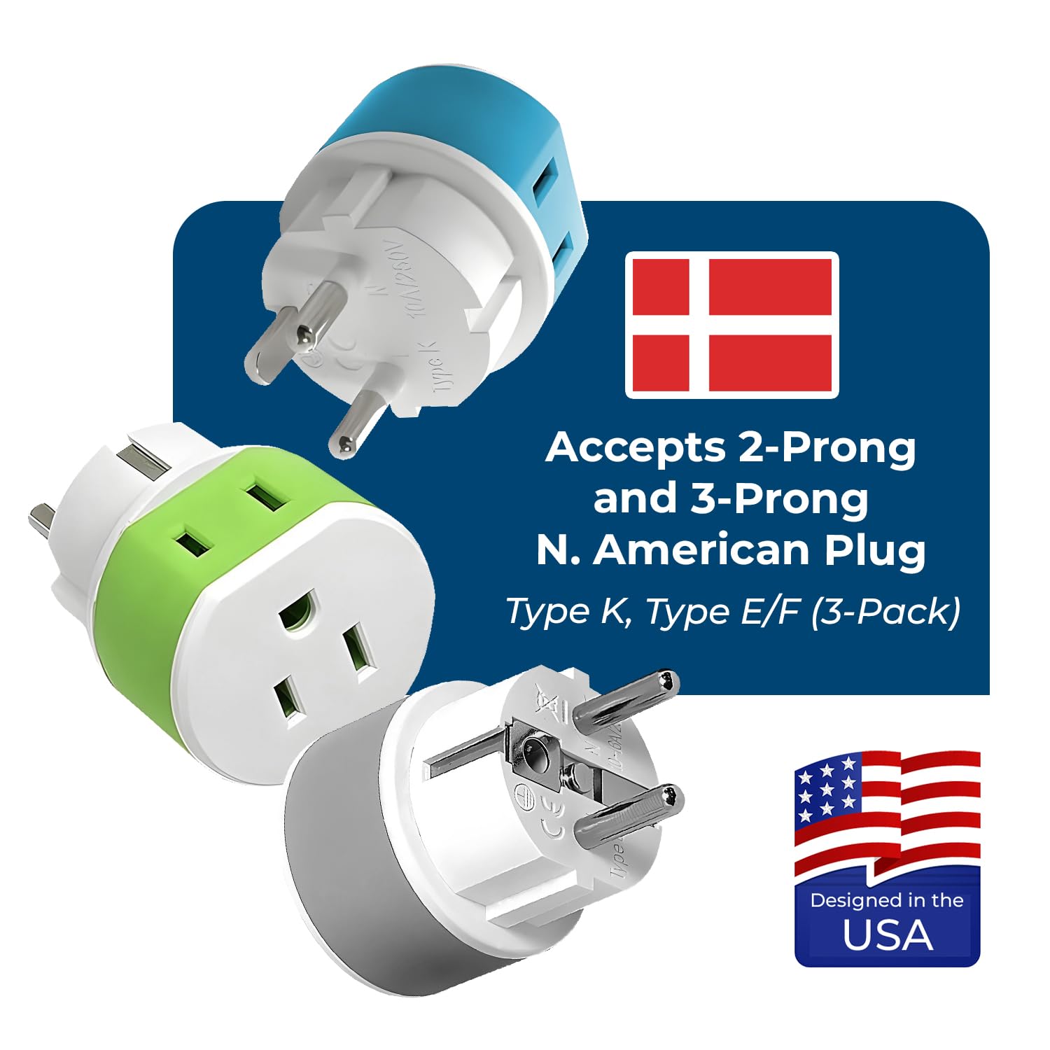 Orei Denmark Power Plug Adapter With 2 Usa Inputs   Travel 3 Pack   1 Type K & 2 Type E/F Safe Grounded Use With Cell Phones, La