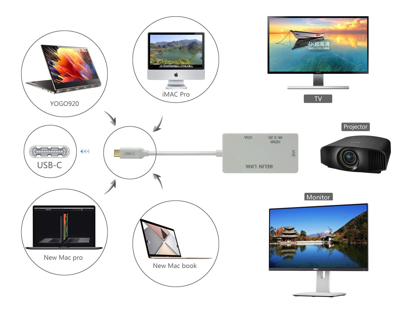 BELIN LINK USB-C to HDMI DVI VGA Adapter 3-in-1 4K UHD Thunderbolt 3 Compatible Gold-Plated White
