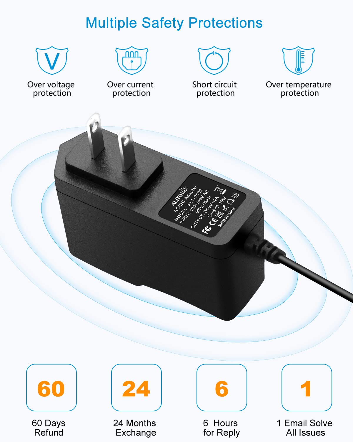Alitove 5V 2A Power Adapter 5V Power Supply 2A 10W 5 Volt Universal Ac/Dc Adapter Dc 5V Power Cord With 8 Tips 5.5X2.5Mm 5.5X2.1
