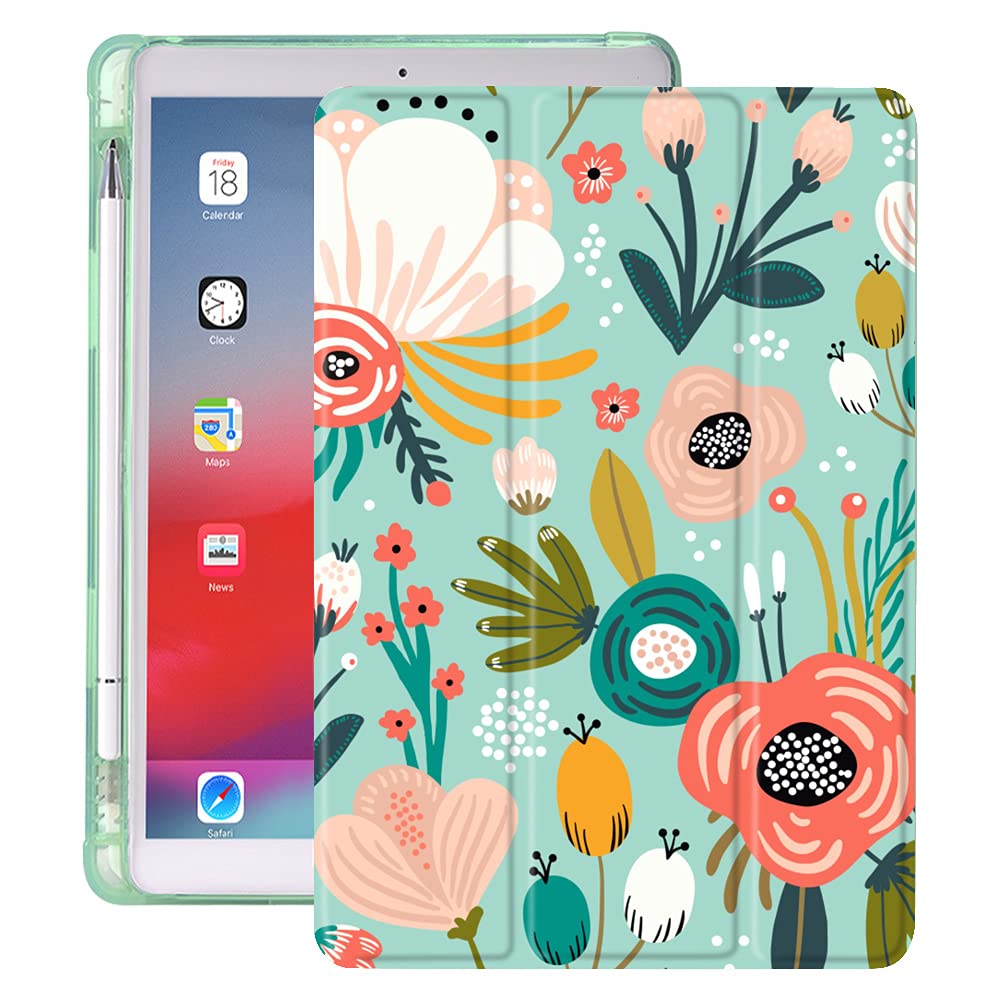 Idocolors Pad Case Floral Green Case For Ipad 7Th/8Th/9Th Generation (Ipad 10.2 Inch Case 2019/2020/ 2021) Flower Anti Scratch S