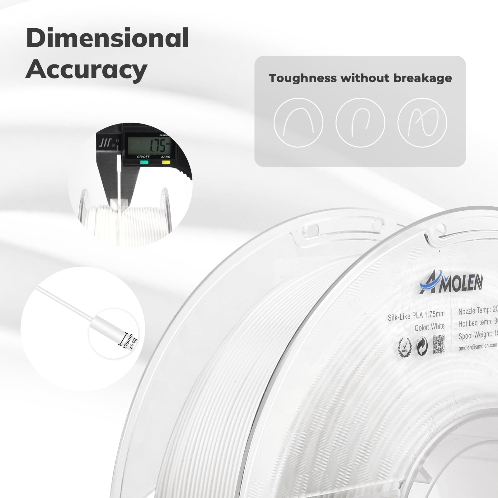 Amolen Silk Pla Filament 1.75Mm 3D Printer Filaments, Shiny White Filament For 3D Printing, 1Kg(2.2Lbs) Spool, Compatible With M