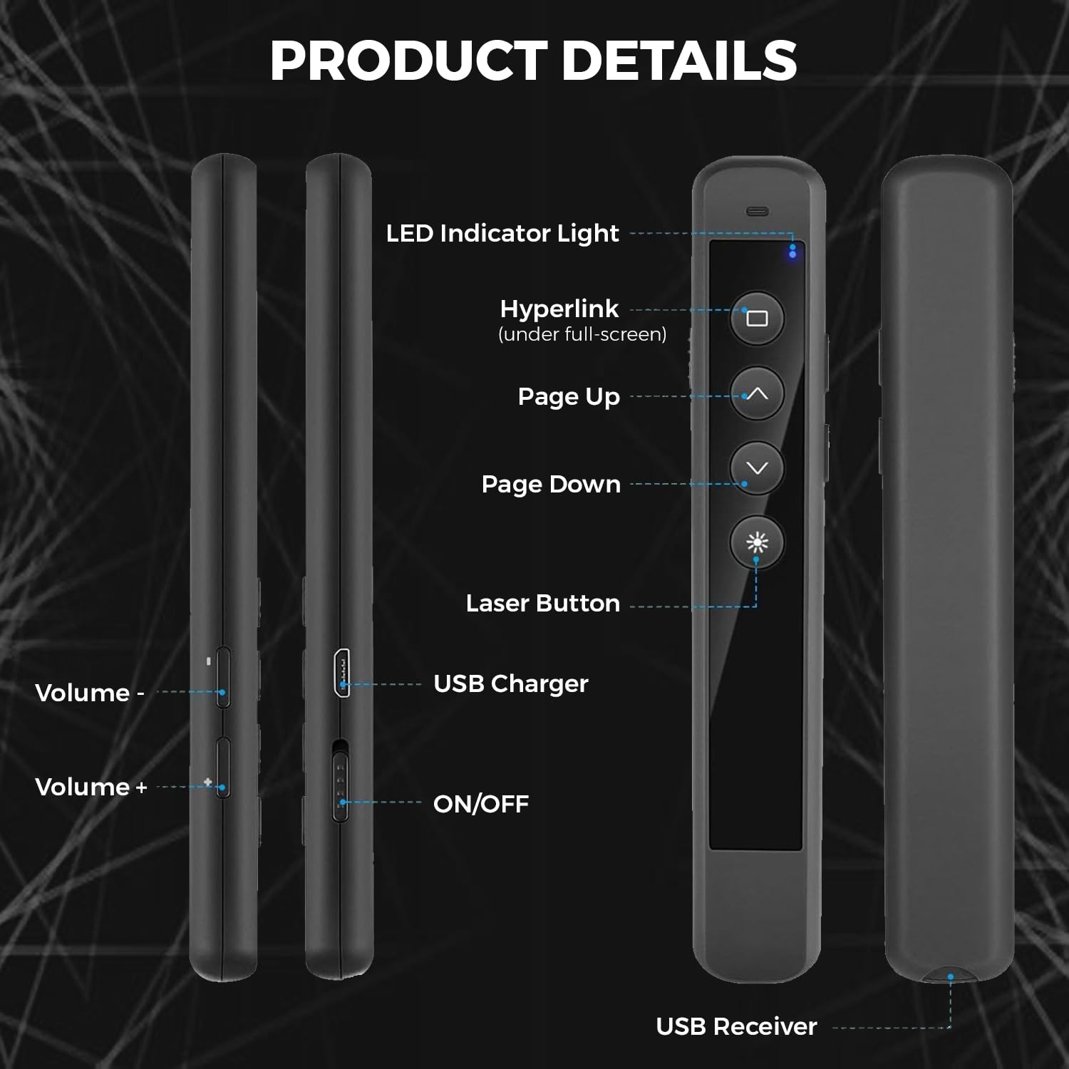 Amerteer Wireless Presenter Remote - Presentation Clicker With 2.4Ghz Rf Hyperlink & Volume Control, Built-In Rechargeable Batte