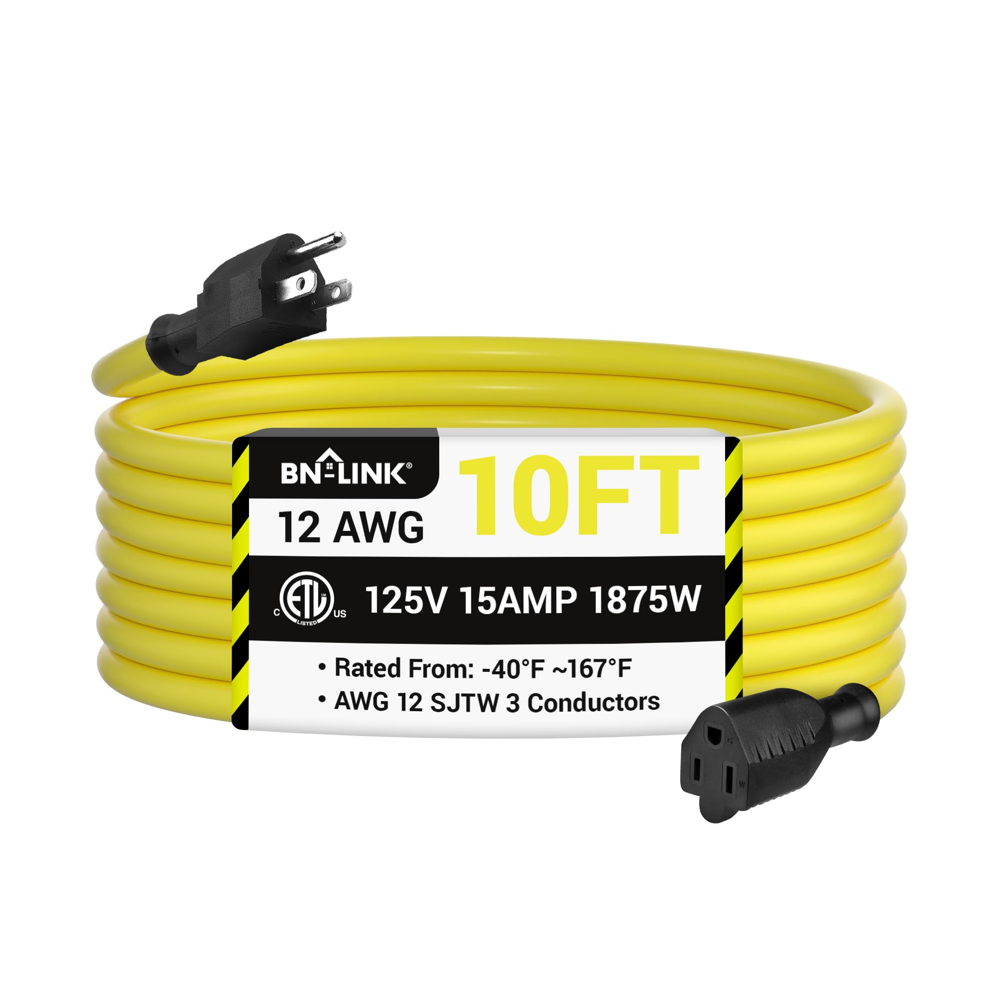 Bn Link 10Ft Outdoor Extension Cord, 12/3 Sjtw Heavy Duty Power Cord, 3 Prong Grounded Plug, Weather Resistant, 15A, 1875W, Yell