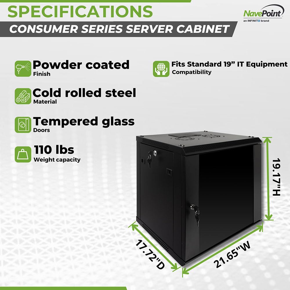 Navepoint 9U Server Rack Enclosure With Glass Door, Cooling Fan, Locks, & Removable Side Panels   9U Wall Mount Network Cabinet