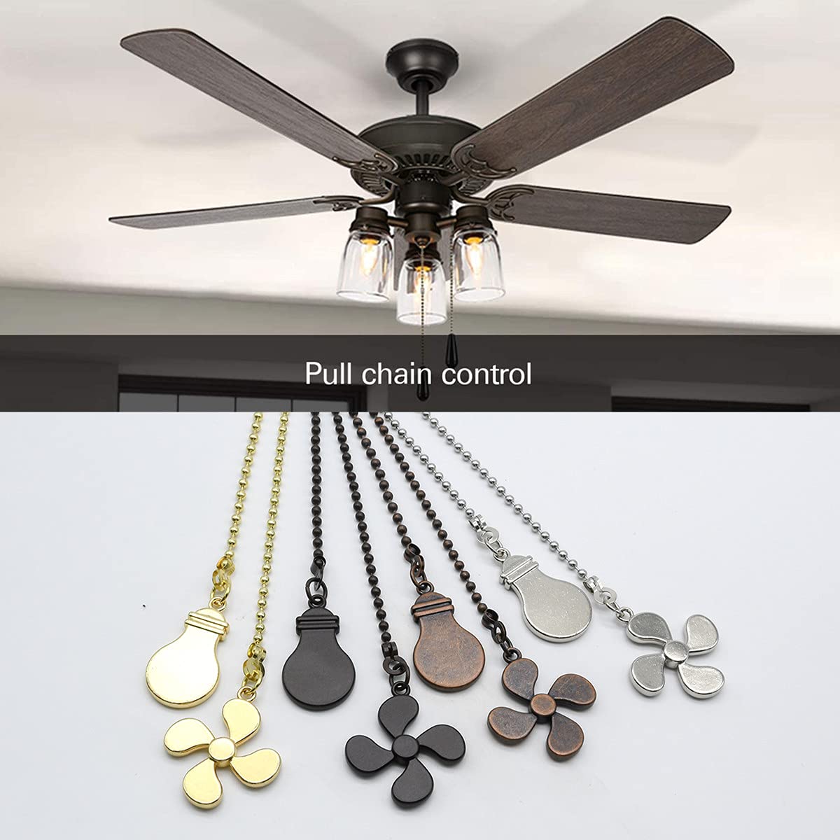 Ceiling Fan Pull Chain Set - 4 Piece Bulb And Fan Pattern Extension Pendant, 12 Inch Extender With Ball Connector (Antique Bronz