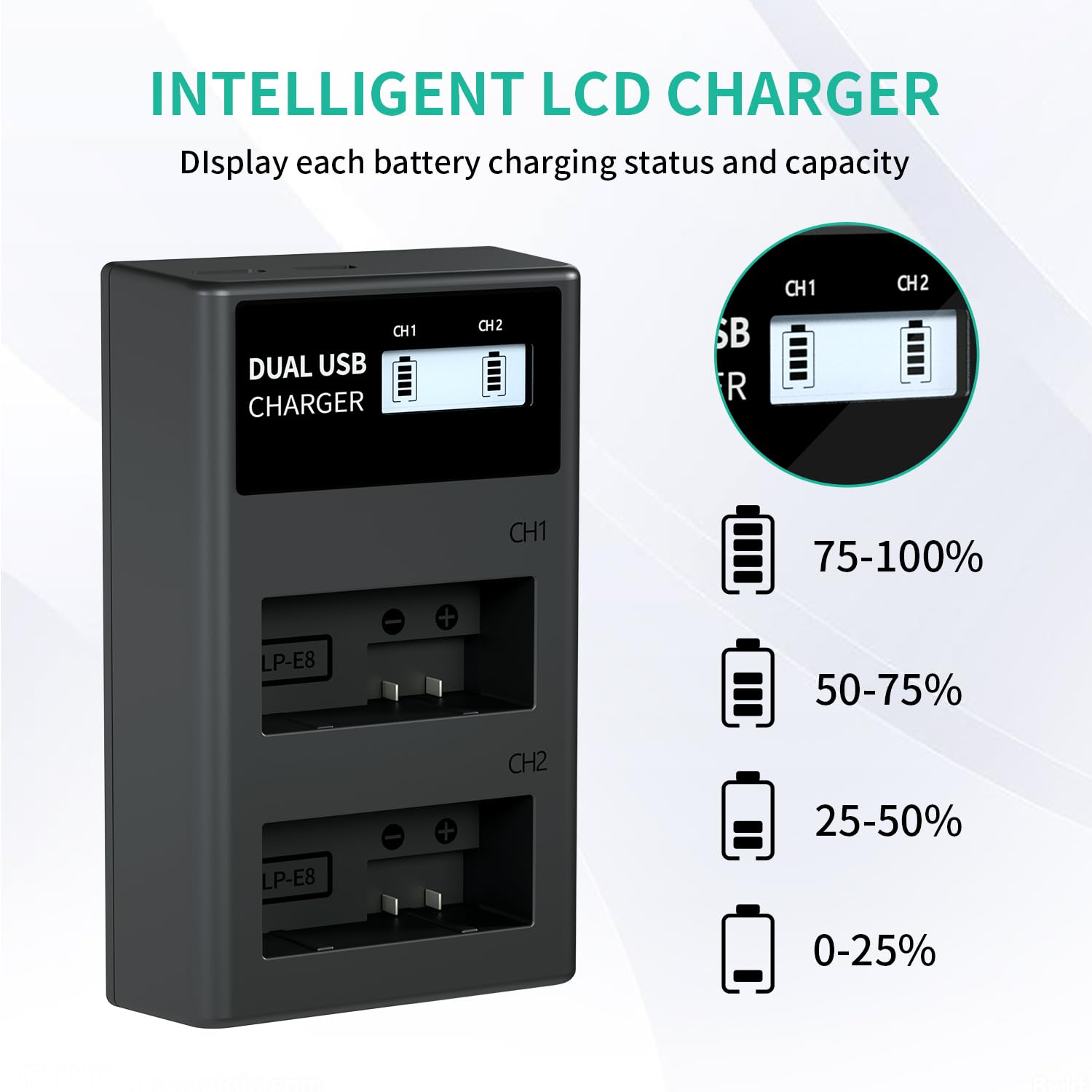 Lp Lp E8 Battery Charger, Lcd Display & Dual Slot Charger Compatible With Canon Rebel T2I T3I T4I T5I 600D 550D 650D 700D Kiss X