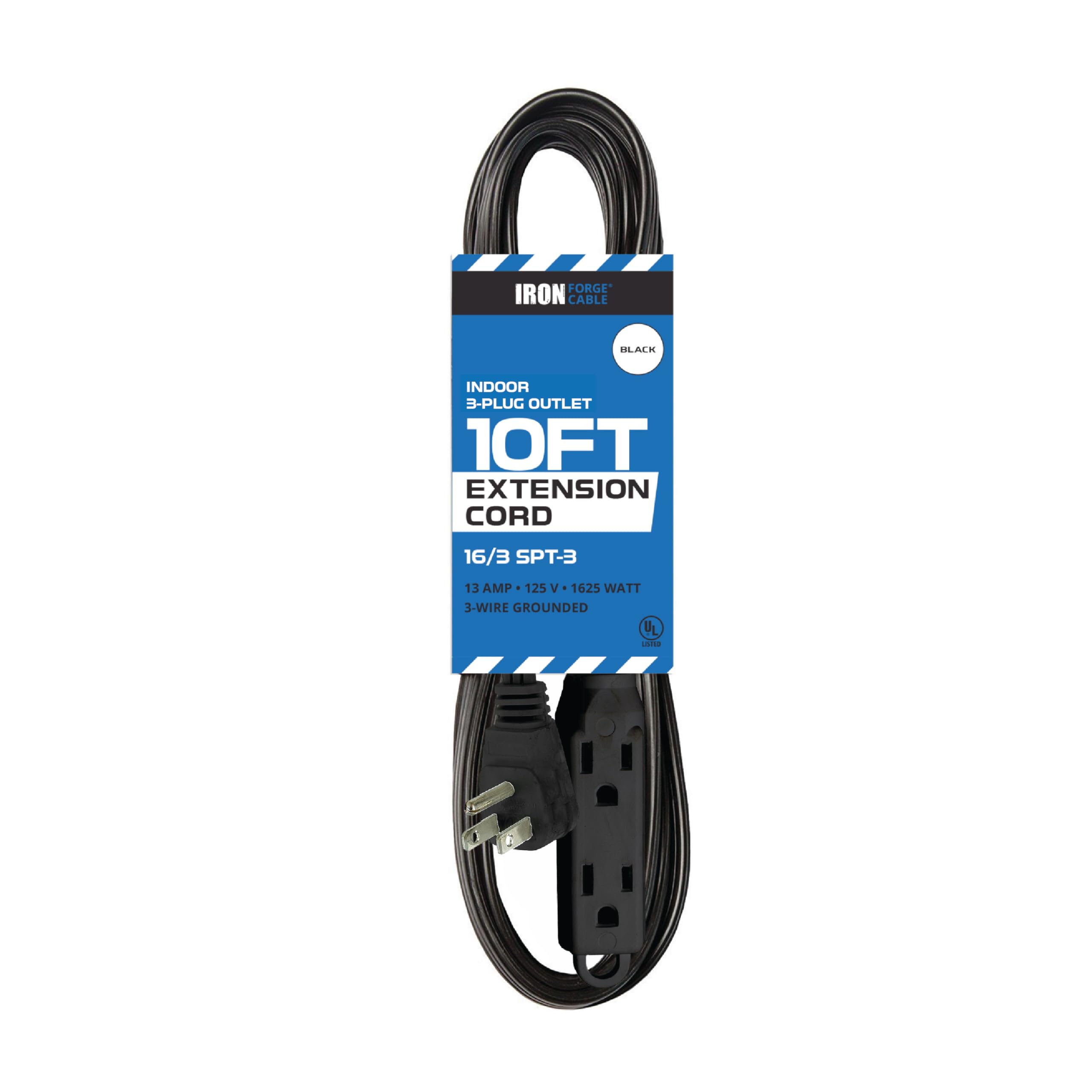 Iron Forge Cable 10 Ft Flat Plug Black Extension Cord With 3 Outlets, 16/3 Flat Cable 3 Prong Indoor Extension Cord With Multipl