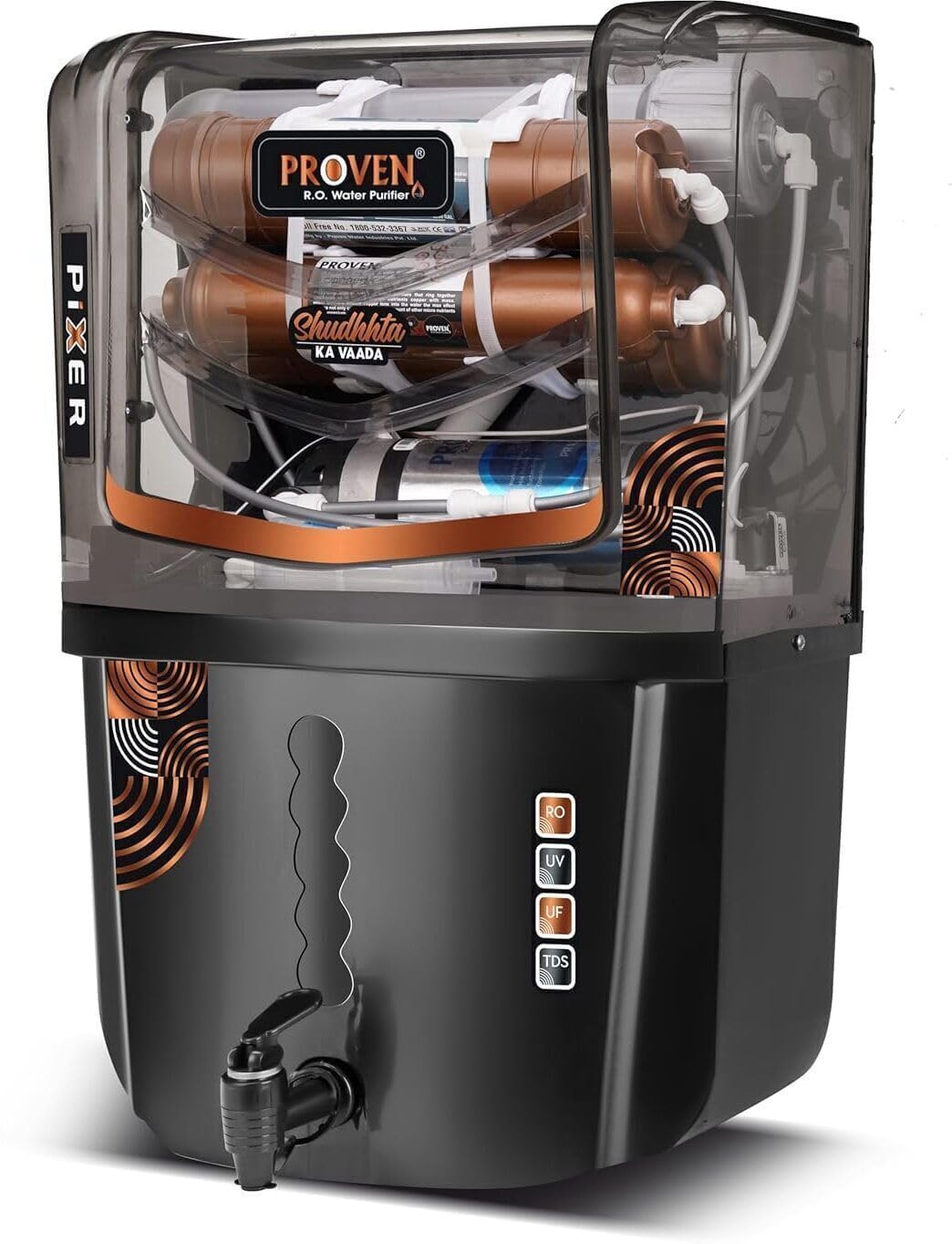 Proven Pixer Water Purifier Ro + Uv + Uf Elegant Black With Full Transparent Front With Copper, High Tds Adjuster, Made In India