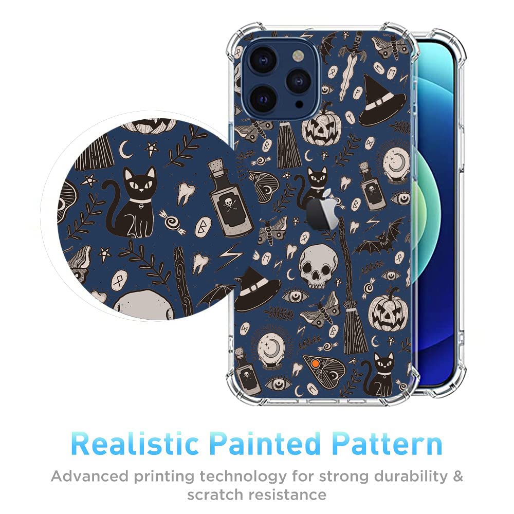 Vesidurt Black Halloween Clear Case For Iphone 12 Pro Max,Pumpkin Skull Bat Pattern For Men Women,Trendy Transparent Soft Tpu Bu