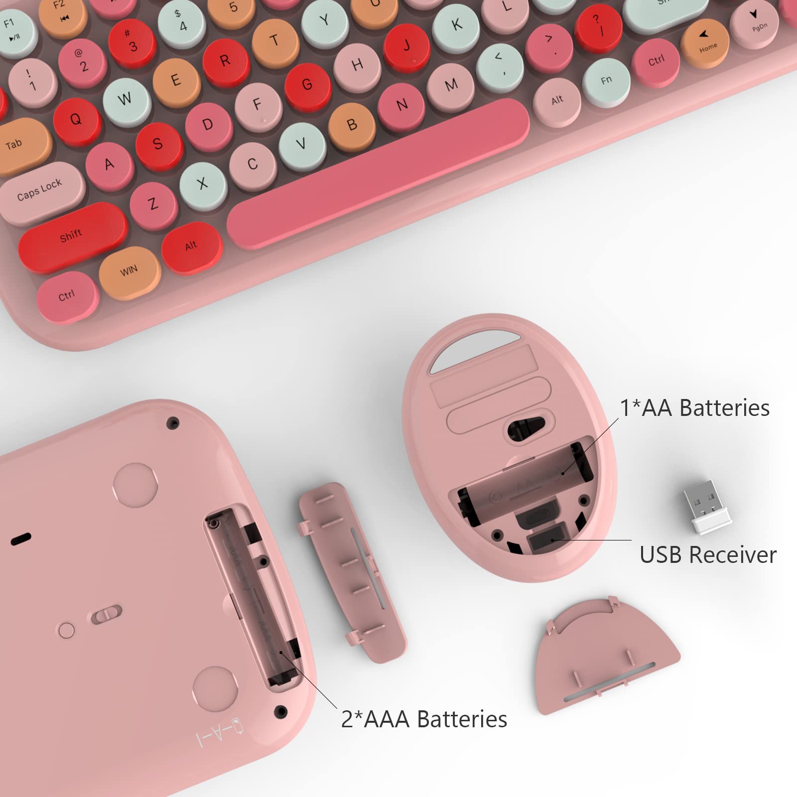Knowsqt Wireless Keyboard And Mouse Combo, Light Pink 100 Keys 2.4 Ghz Round Keycap Typewriter Keyboards, Usb Receiver Plug And