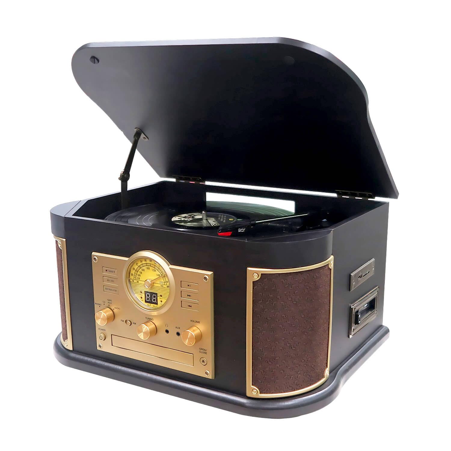 All In One Record Player 3 Speed Bluetooth Vintage Turntable Cd Cassette Tape Am/Fm Radio Usb/Sd Playback And Recording Aux In R