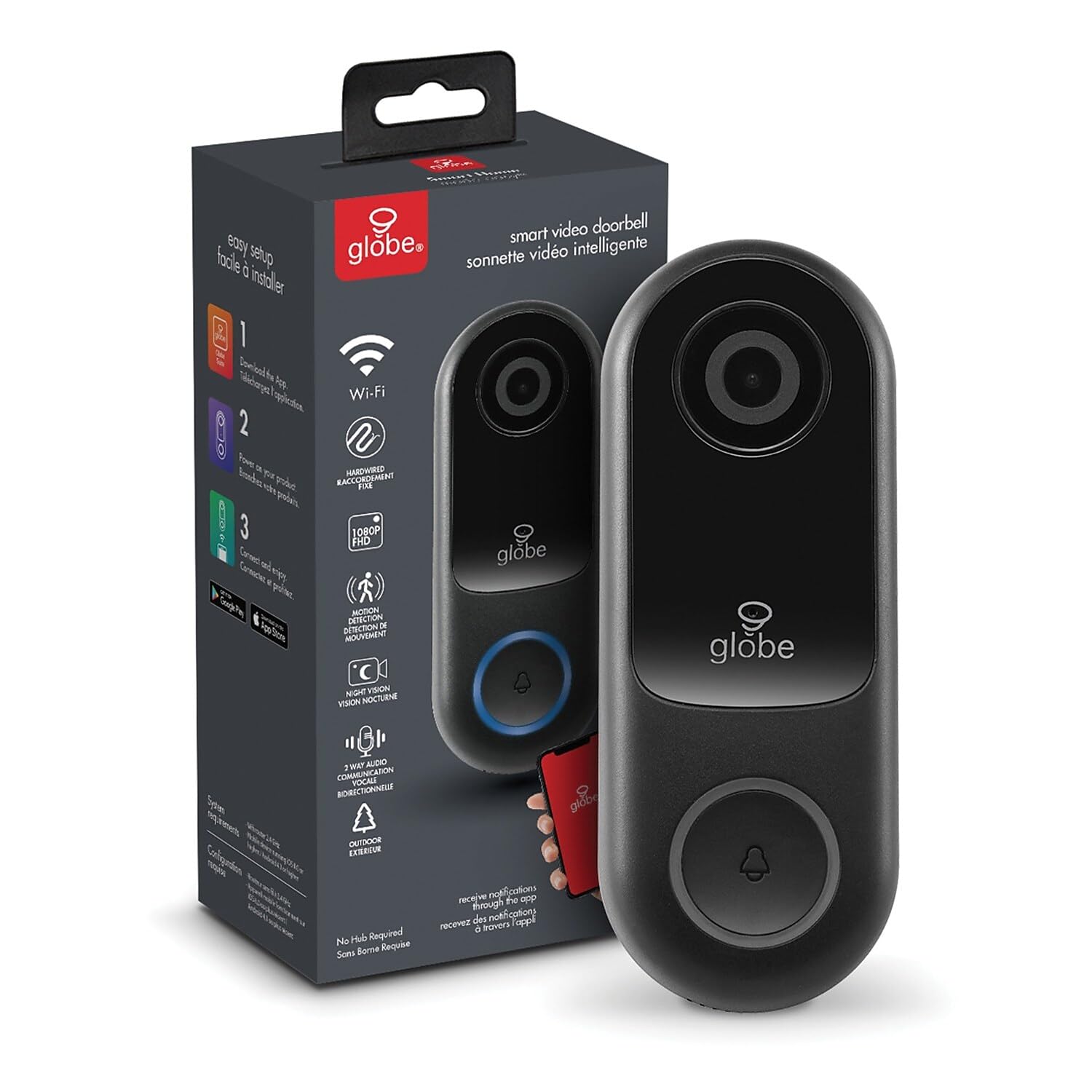 Globe Electric Wi Fi Smart Video Doorbell, Hardwired, No Hub Required, Ip54 Rated, 1080P, Motion Detection, 2 Way Voice, Night V