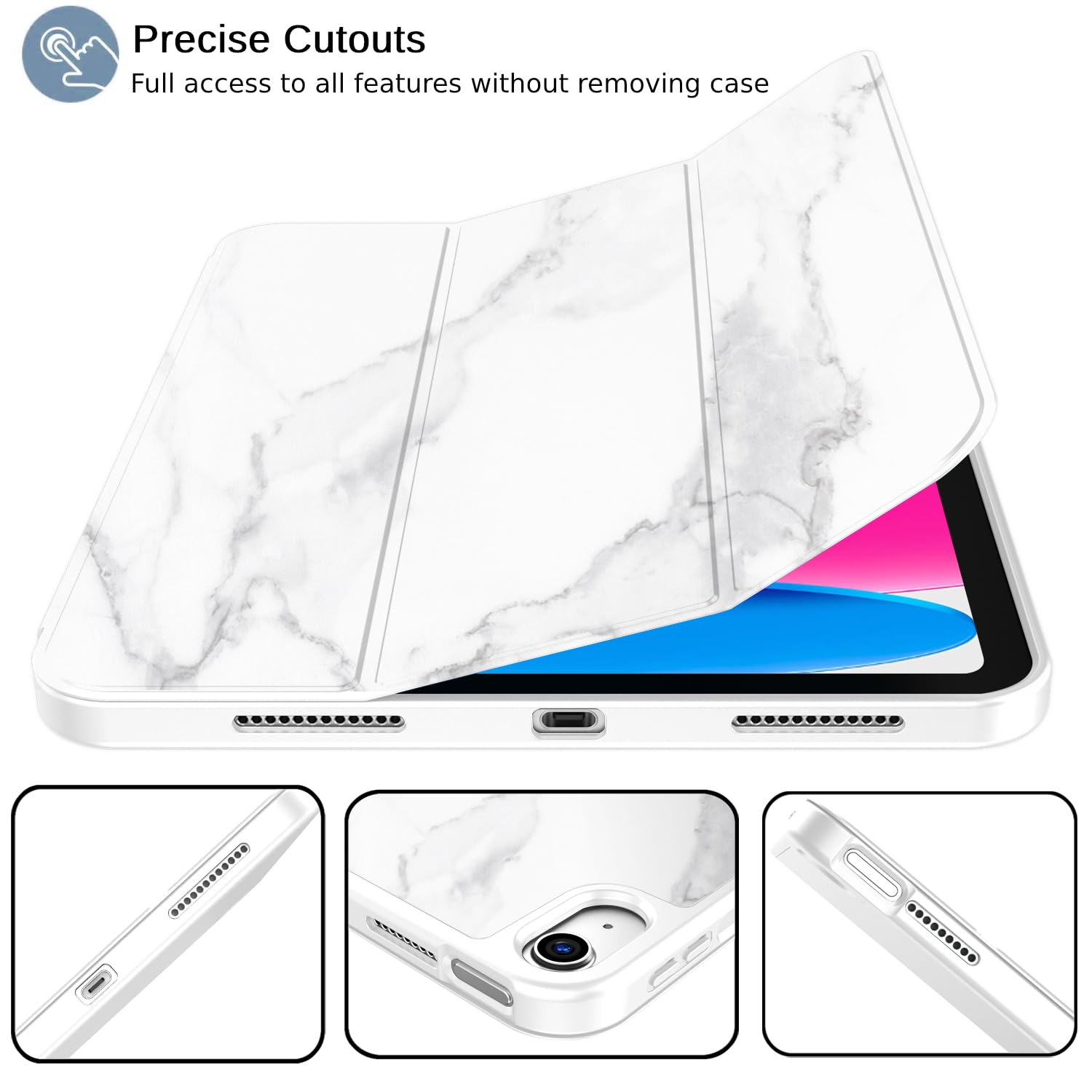Imieet New Ipad 10Th Generation Case 2022 10.9 Inch With Pencil Holder, Trifold Stand Smart Case With Soft Tpu Back,Auto Wake/Sleep(New Marble White)