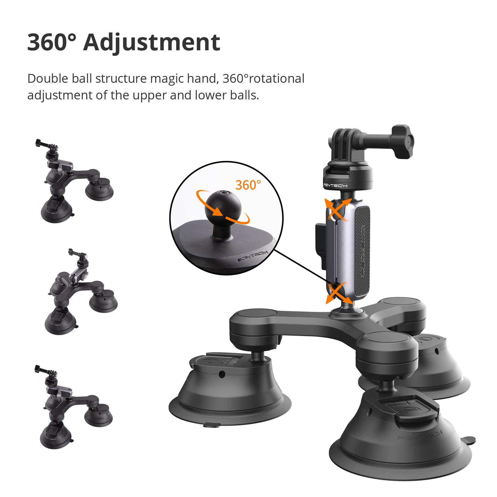 Pgytech Caplock Triple Suction Mount Compatible For Dji Osmo Action 4/3/2, Gopro Hero 11/10/9/8 With 1/4' 20 Standard Thread Adapter, Action Camera And Smartphones For Insta360 One Rs/R/One X3/X2