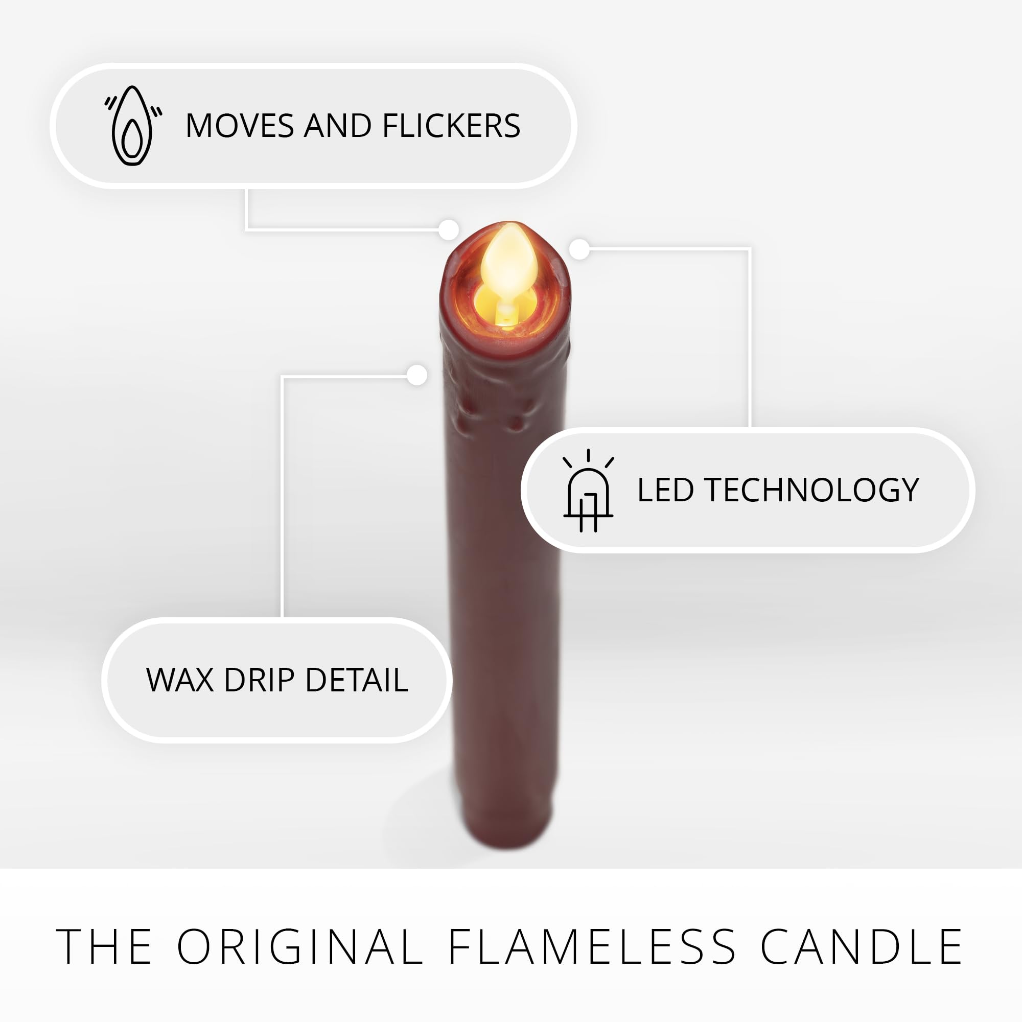 Luminara Burgundy Set Of 2 Wax Drip Flameless Candle Tapers (1 X 9.5 Inch), Moving Flame Led Candle Unscented Real Wax With Drip