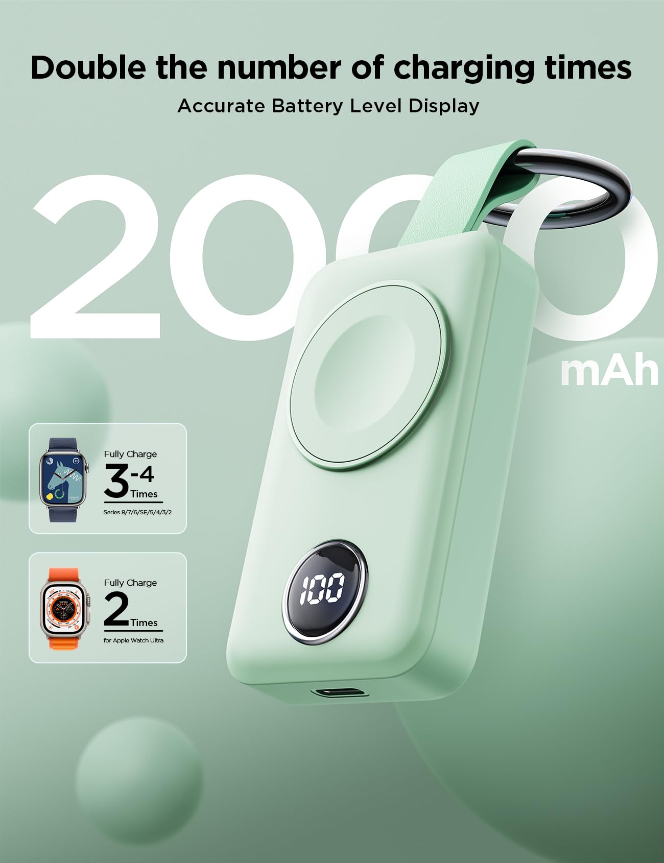JOYROOM Portable Charger for Apple Watch 2000mAh Fast Charging Power Bank Keychain Mint for Series 10/9/8/7/6/5/4/3/2/SE