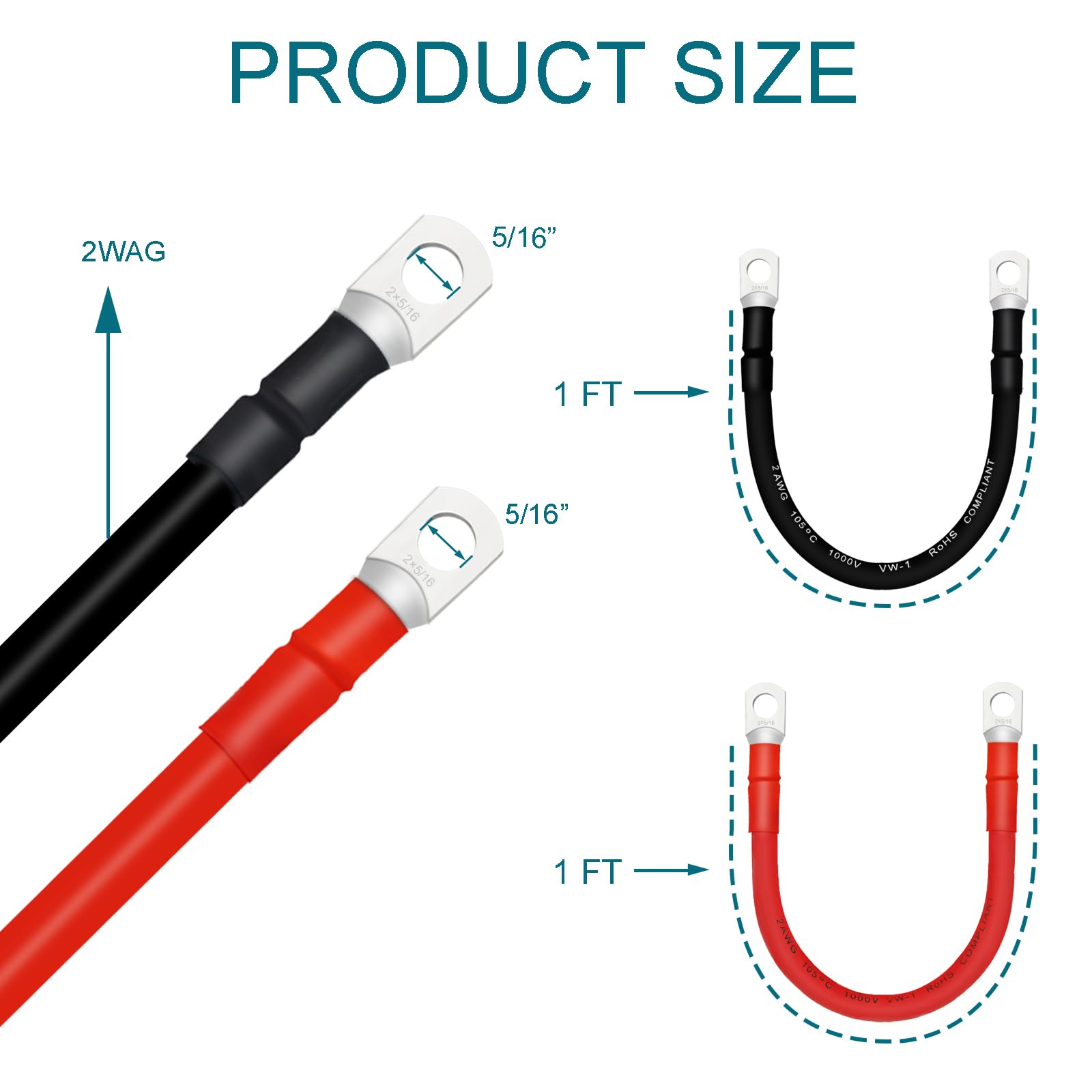 Qiatol Battery Cable, 2 Awg Battery Cables With Terminals, 2Pcs Copper Battery Cables(1Ft).