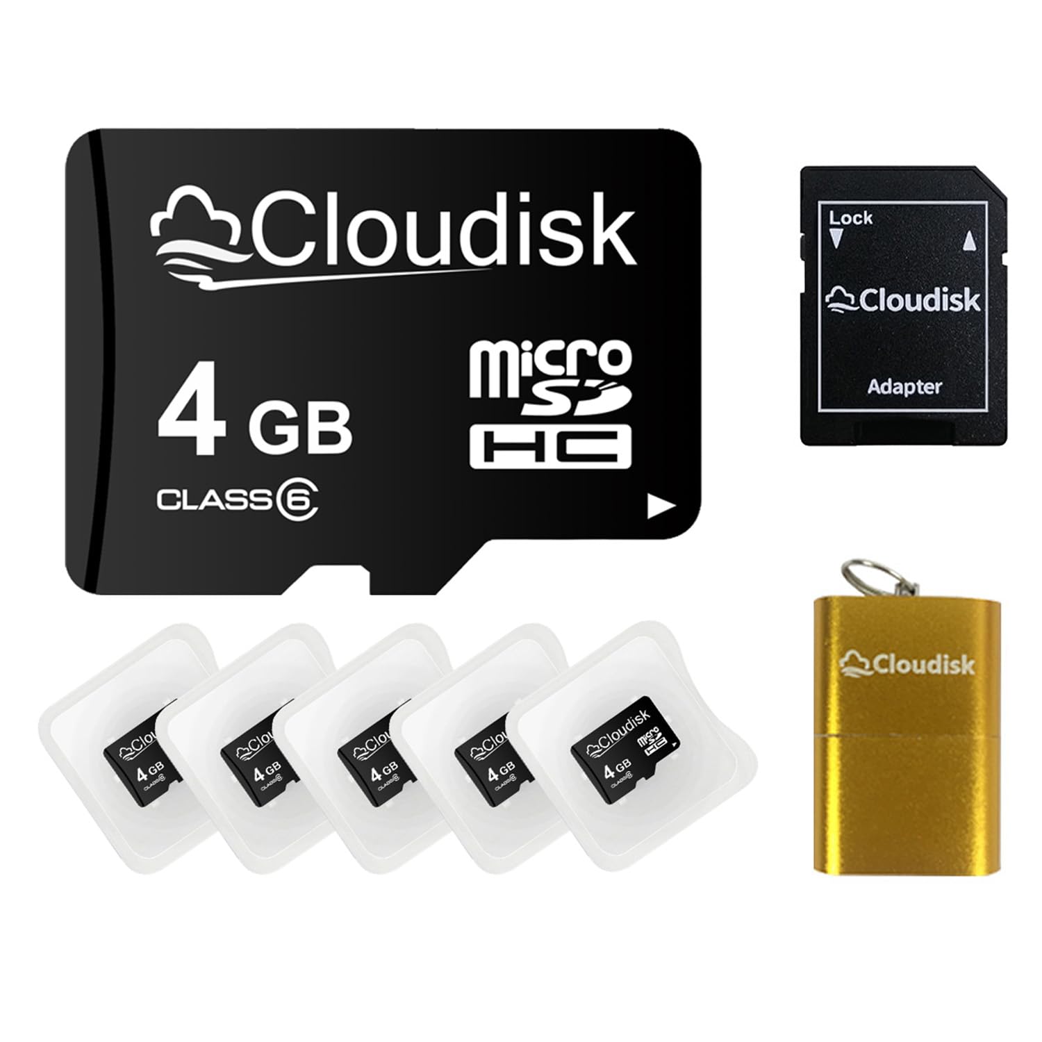 Cloudisk Pack Of 5 Micro Sd Card 4Gb Flash Memory Card C6 Micro Sdhc With Sd Adapter, Card Reader (4 Gb)