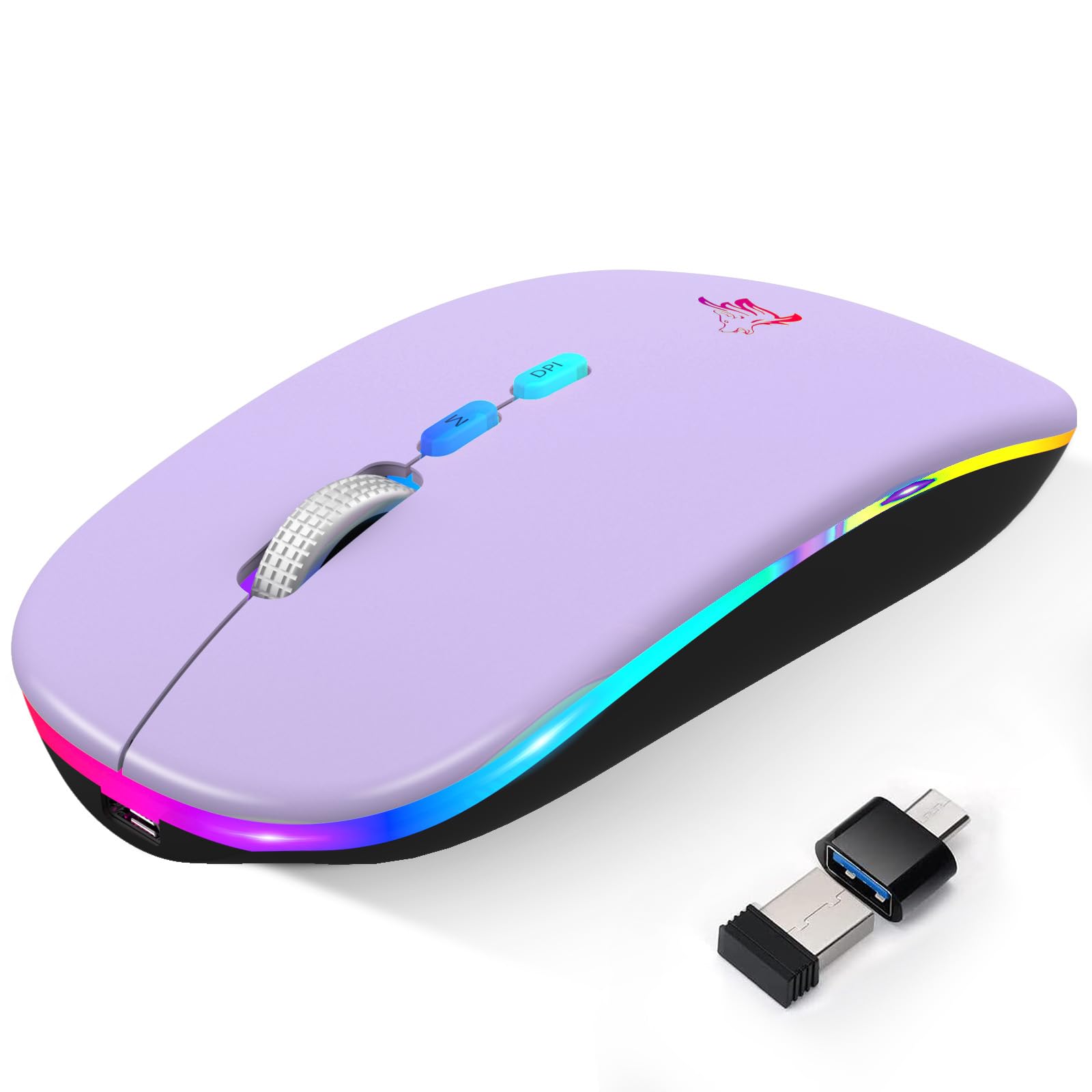 HOTLIFE Wireless Mouse, Slim LED Rechargeable Bluetooth Mouse, Light Purple