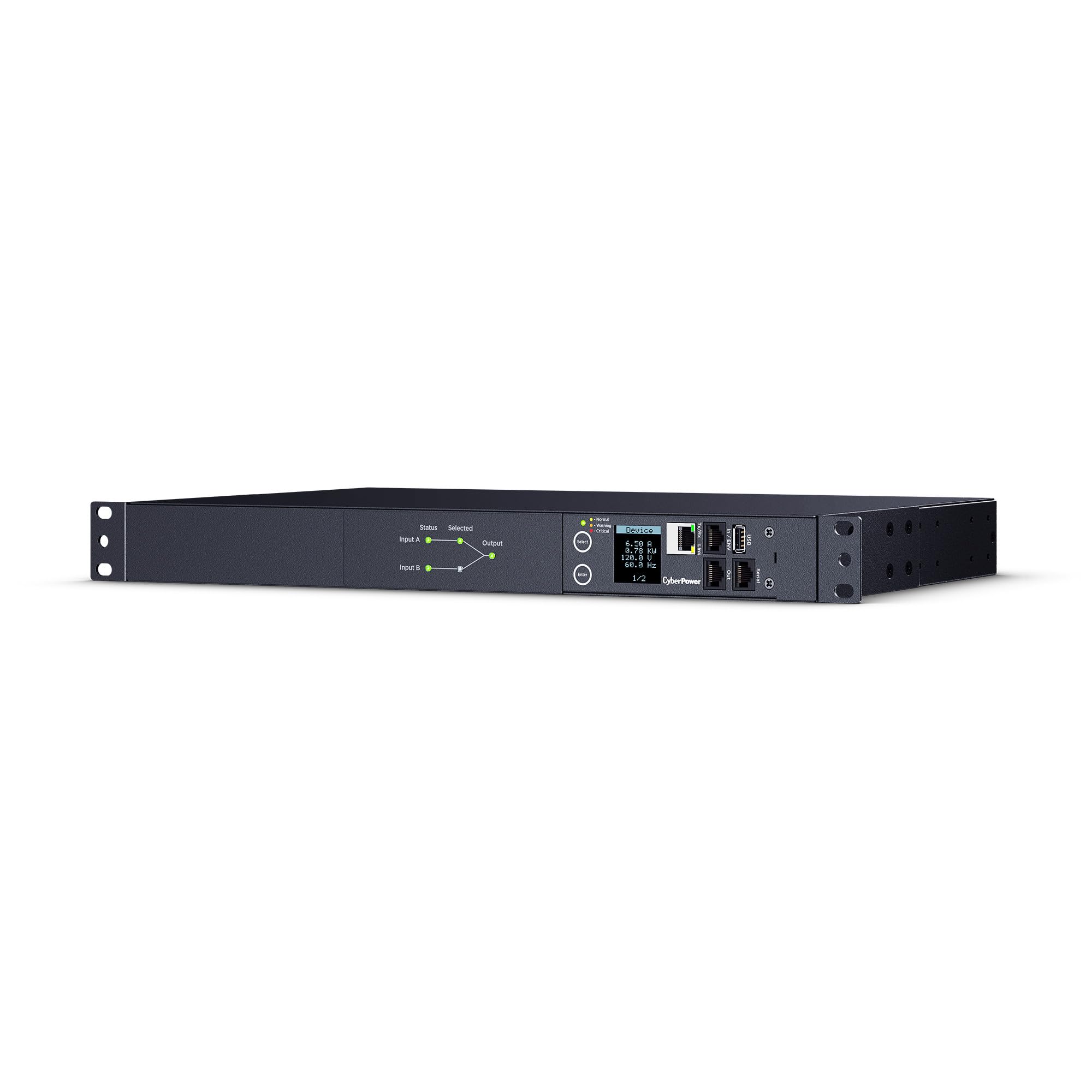 Cyberpower Pdu44002 Switched Ats Pdu, 100 120V, 20A (Derated To 16A), 10 Outlets, 1U Rackmount