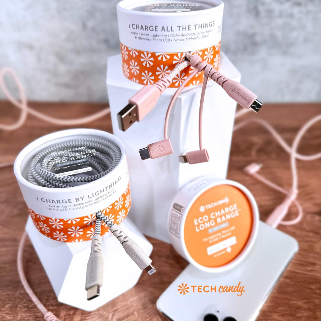 Tech Candy Eco Charge Usb Cable, Rose/Pink   3 Tip Universal Charger, Usb A To Lightning/Micro Usb/Usb C, 6 Long Cord, Made With