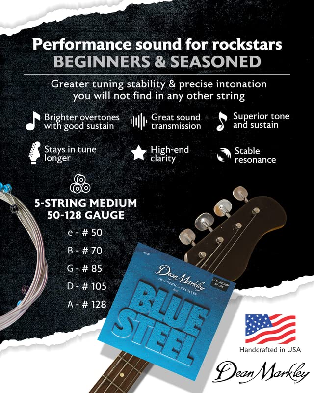 Dean Markley Electric Bass Guitar Strings 2680 Blue Steel Electric Long Scale 50-128 Medium Gauge, Cryogenically Processed For L