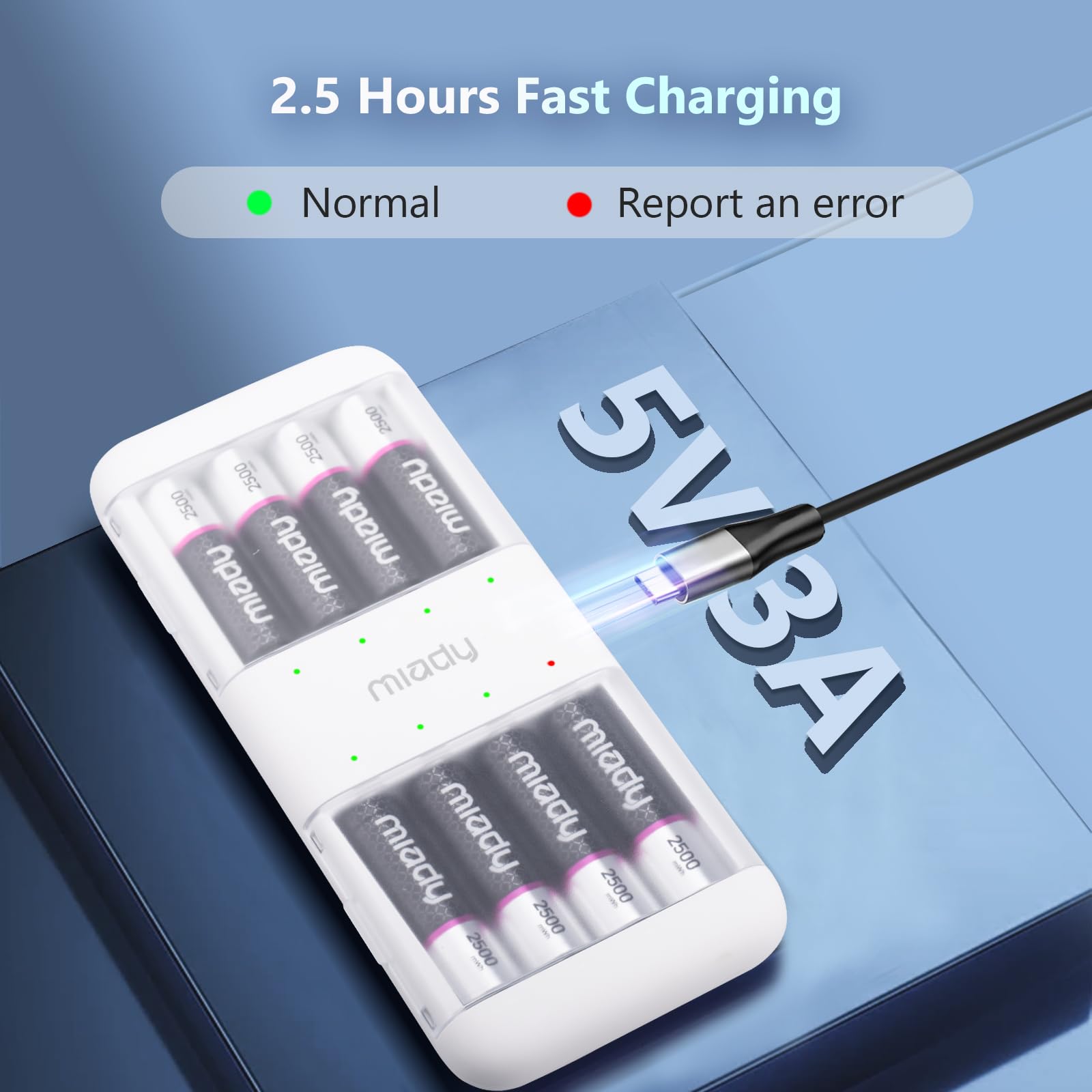 Miady Rechargeable Lithium Aa Batteries 8 Pack With Fast Charger, 1.5V 2500Mwh High-Power Lithium Batteries Aa,Low Self-Discharg