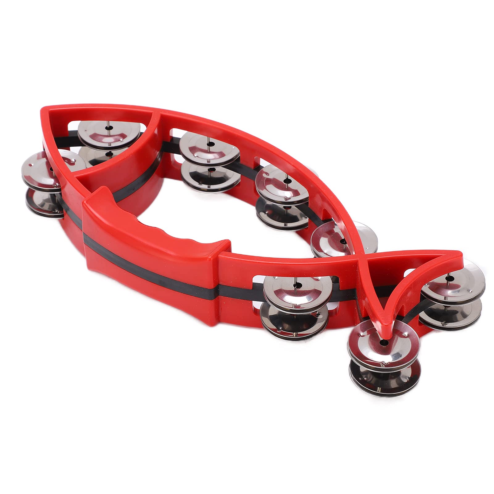 Aramox Hand Tambourine Double Row Fish Shaped Without Burrs Finger Shaped Handle Easy Grasp (Red)