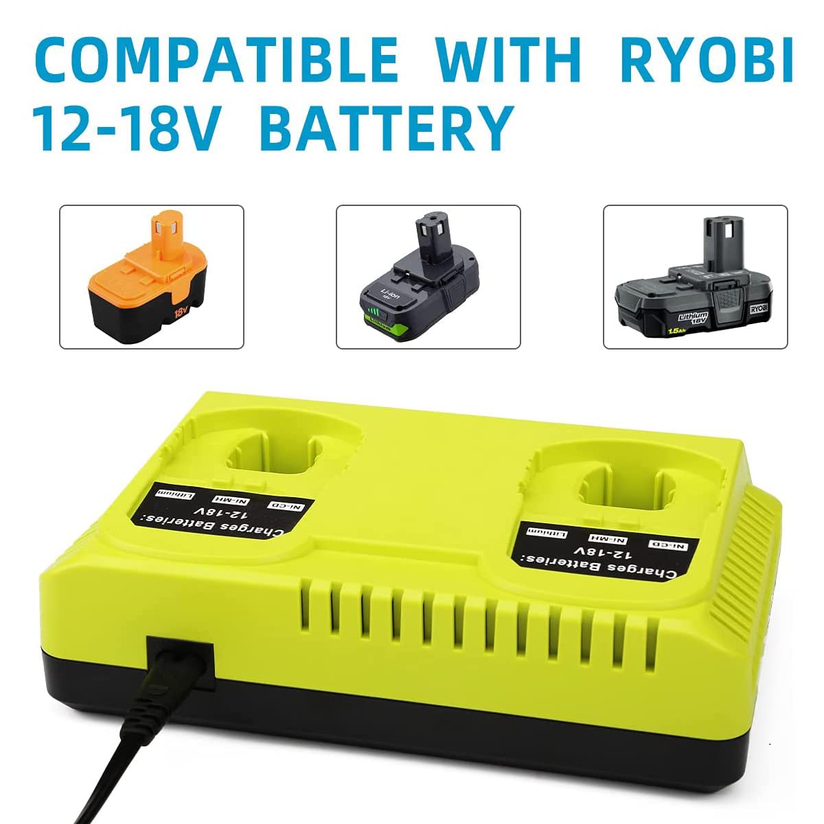Energup 2Port 18V P117 Replace For Charger For Ryobi 18V Battery One+ P117 P118 For Ryobi 18V Max Lithium Nicd Battery P100 P102