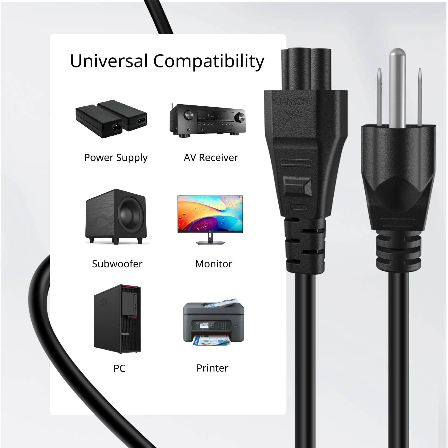 Tnp Universal Power Cord (12 Feet) - Iec320 C5 To Nema 5-15P 3-Prong Mickey Mouse Power Extension Cable Wire Connector Socket Pl